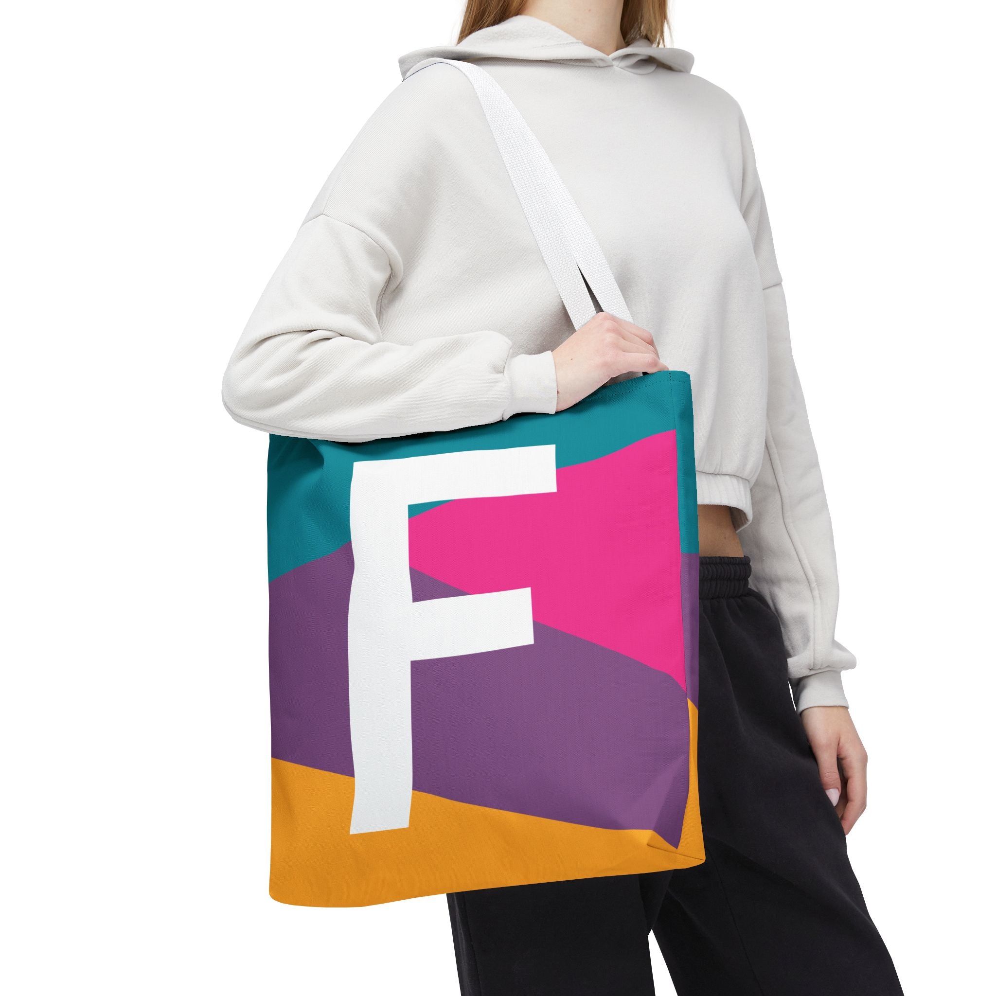 Monogram 'F' Colorblock Tote Bag — Personalized Initial F Shoulder Tote