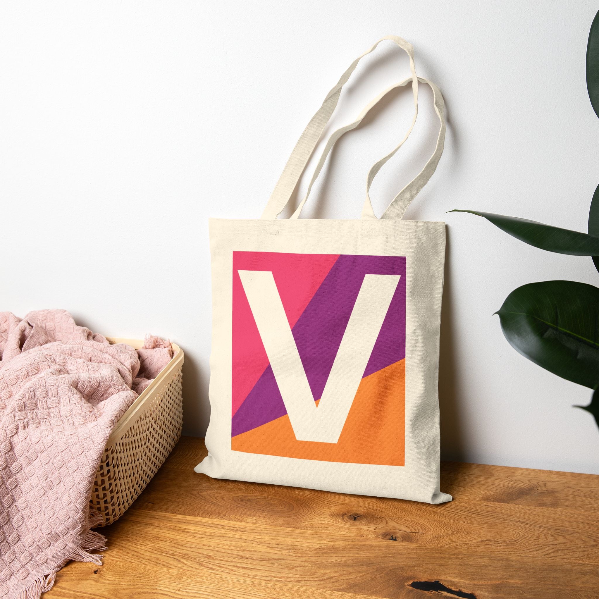 Initial V Colorblock Canvas Tote Bag — Monogram Letter V Reusable Grocery Tote