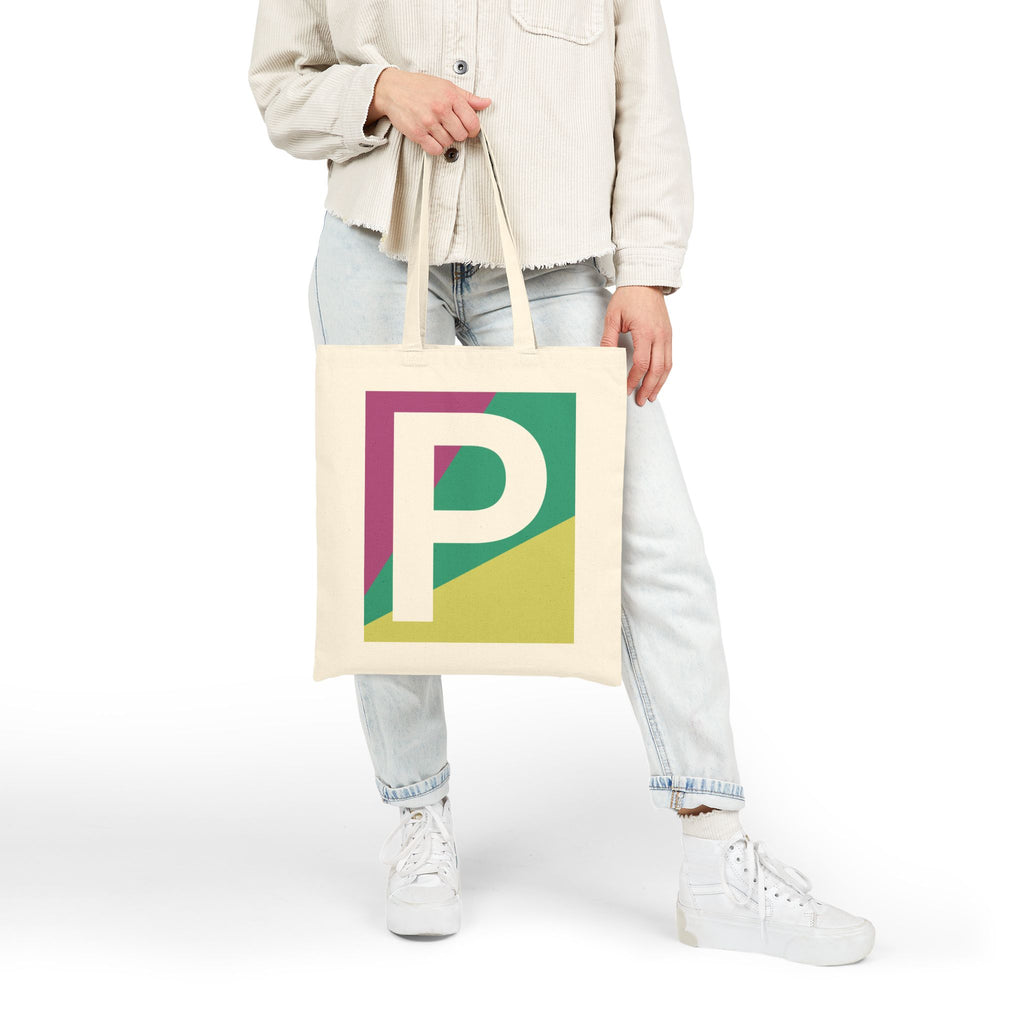 Initial P Colorblock Canvas Tote Bag — Monogram Letter P Reusable Grocery Tote
