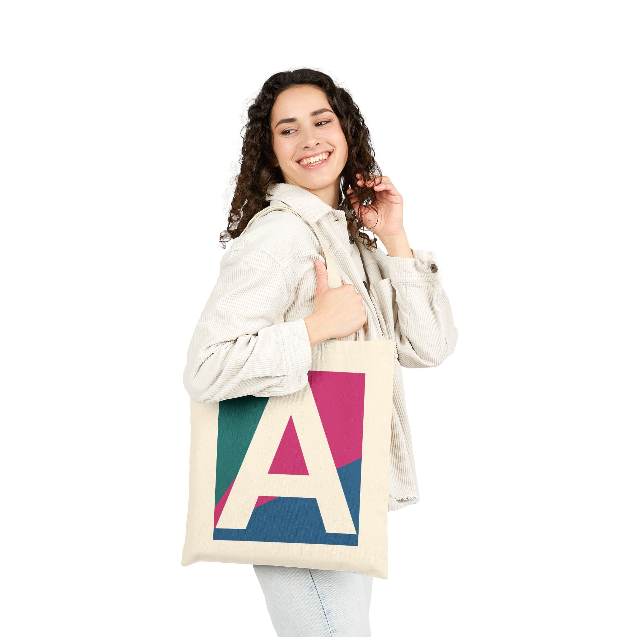 Initial A Colorblock Canvas Tote Bag — Monogram Letter A Reusable Grocery Tote