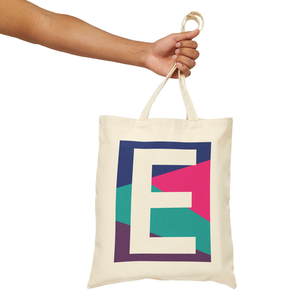 Initial E Colorblock Canvas Tote Bag — Monogram Letter E Reusable Grocery Tote