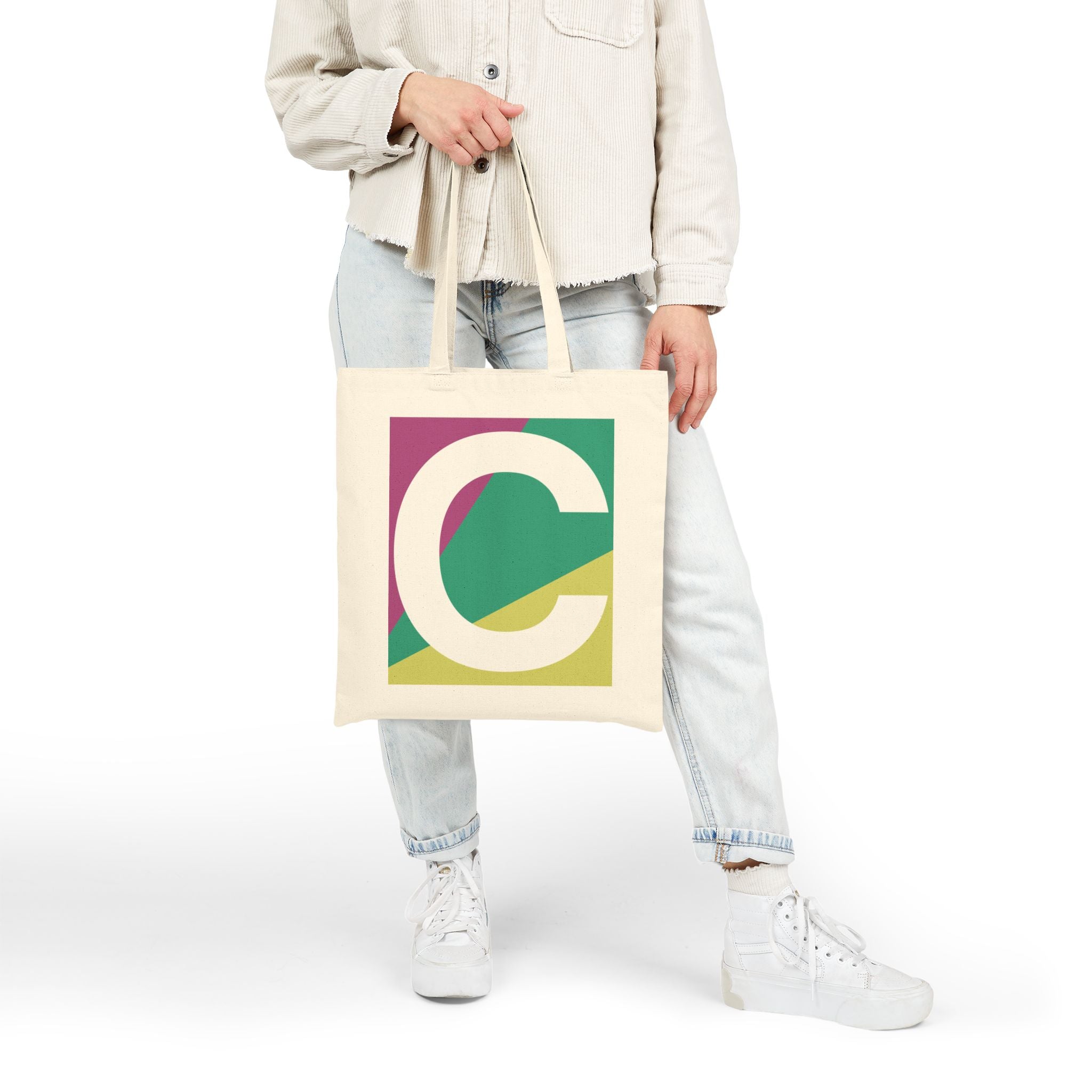 Initial C Colorblock Canvas Tote Bag — Monogram Letter C Reusable Grocery Tote
