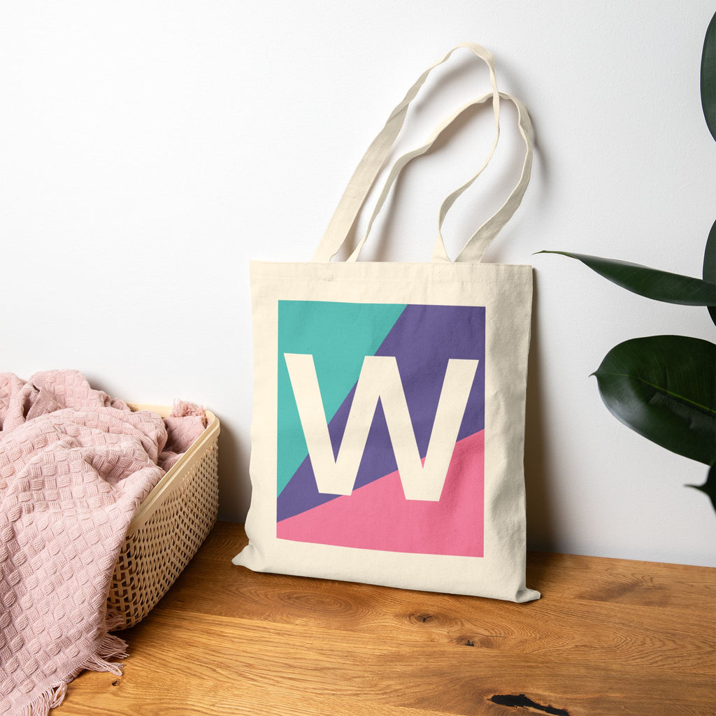 Initial W Colorblock Canvas Tote Bag — Monogram Letter W Reusable Grocery Tote