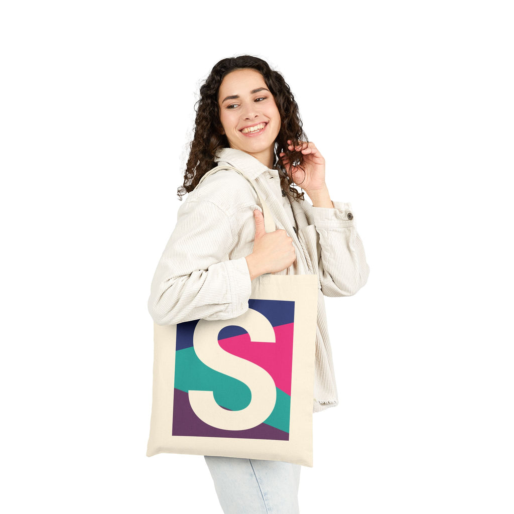 Initial S Colorblock Canvas Tote Bag — Monogram Letter S Reusable Grocery Tote