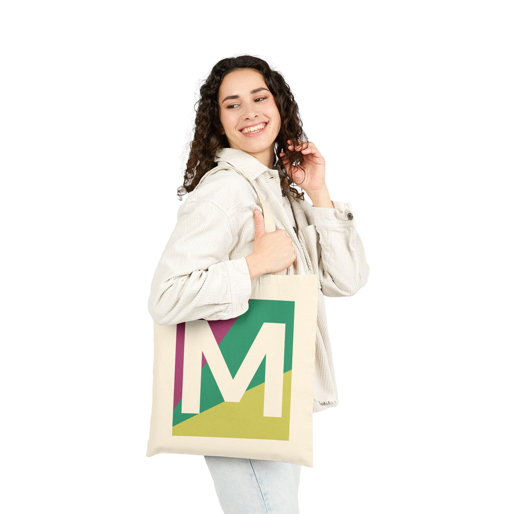 Initial M Colorblock Canvas Tote Bag — Monogram Letter M Reusable Grocery Tote