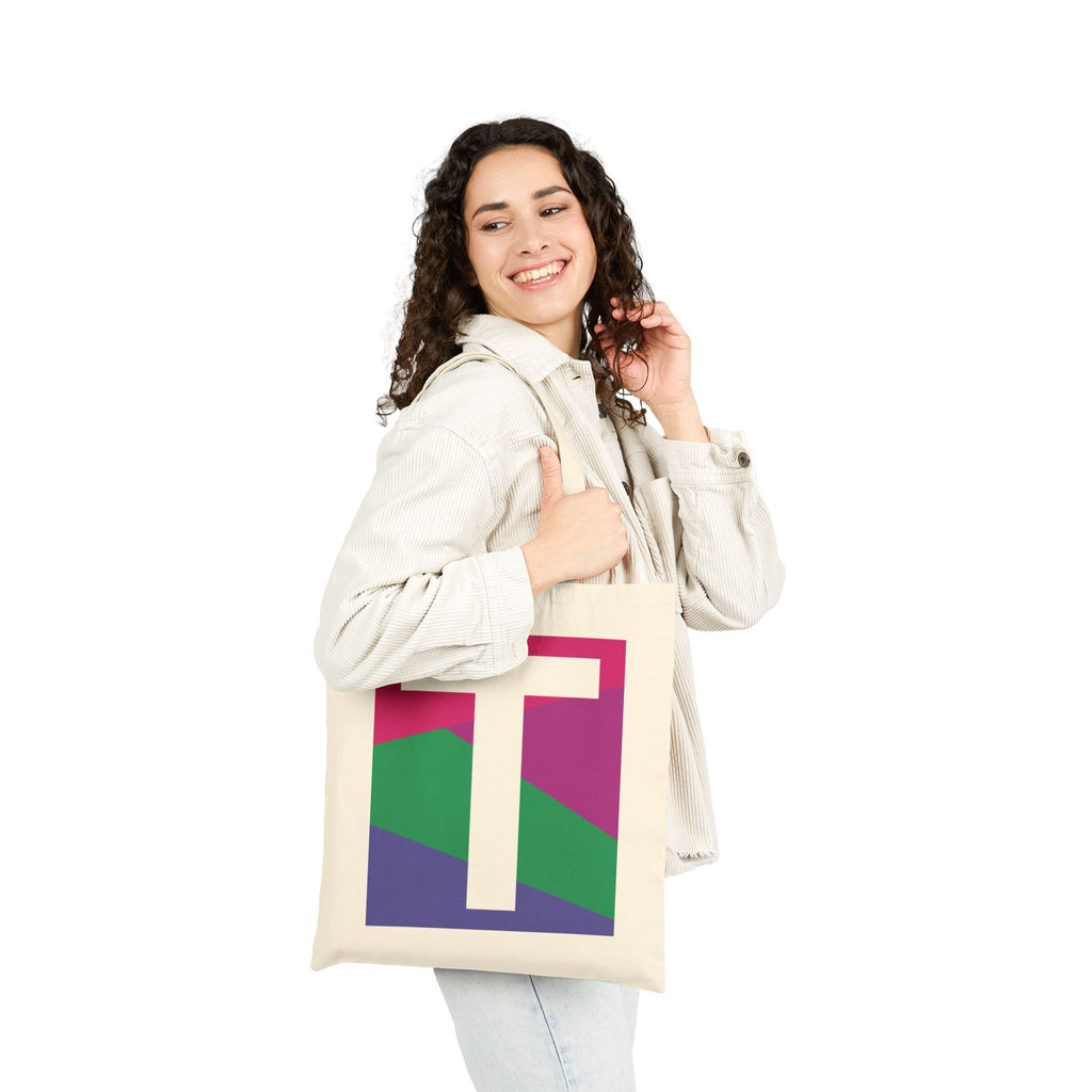 Initial T Colorblock Canvas Tote Bag — Monogram Letter T Reusable Grocery Tote