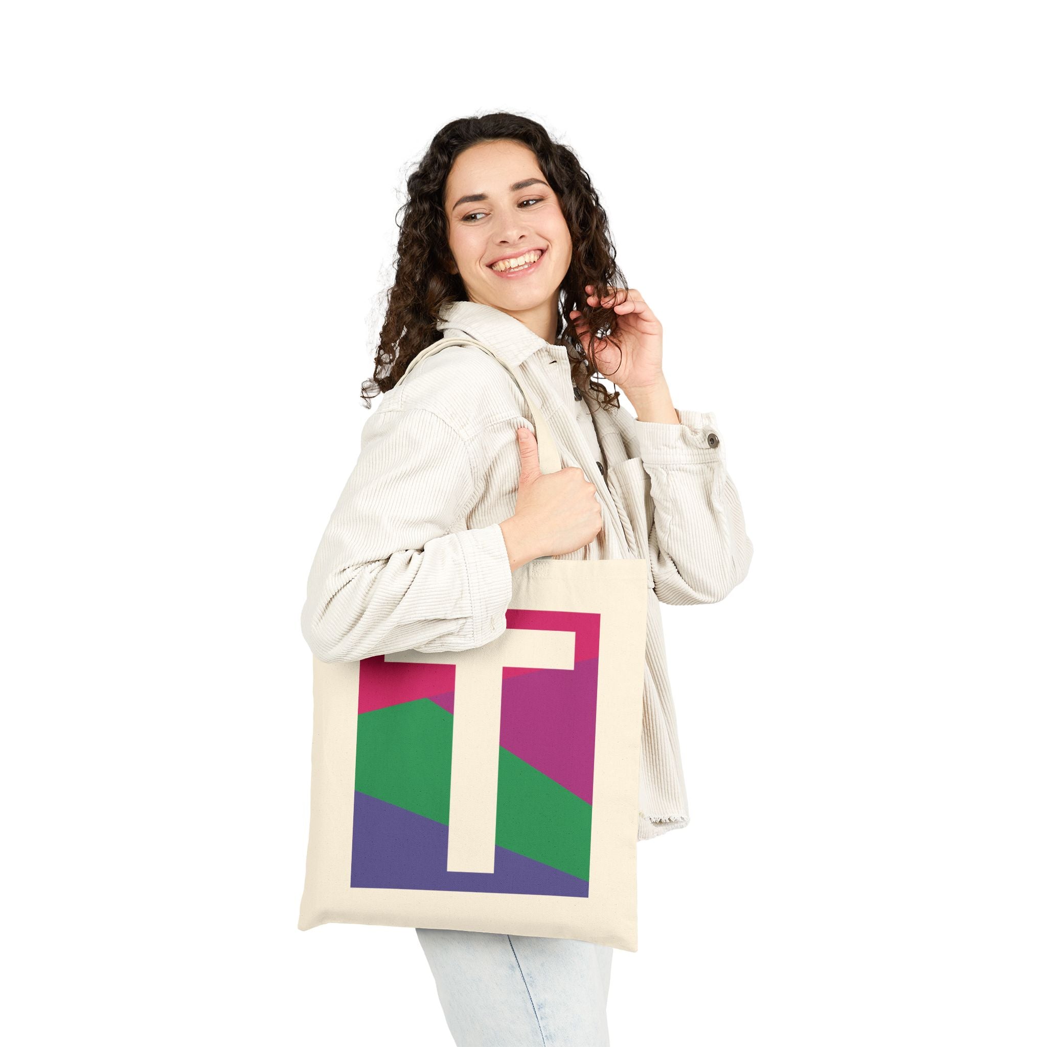 Initial T Colorblock Canvas Tote Bag — Monogram Letter T Reusable Grocery Tote