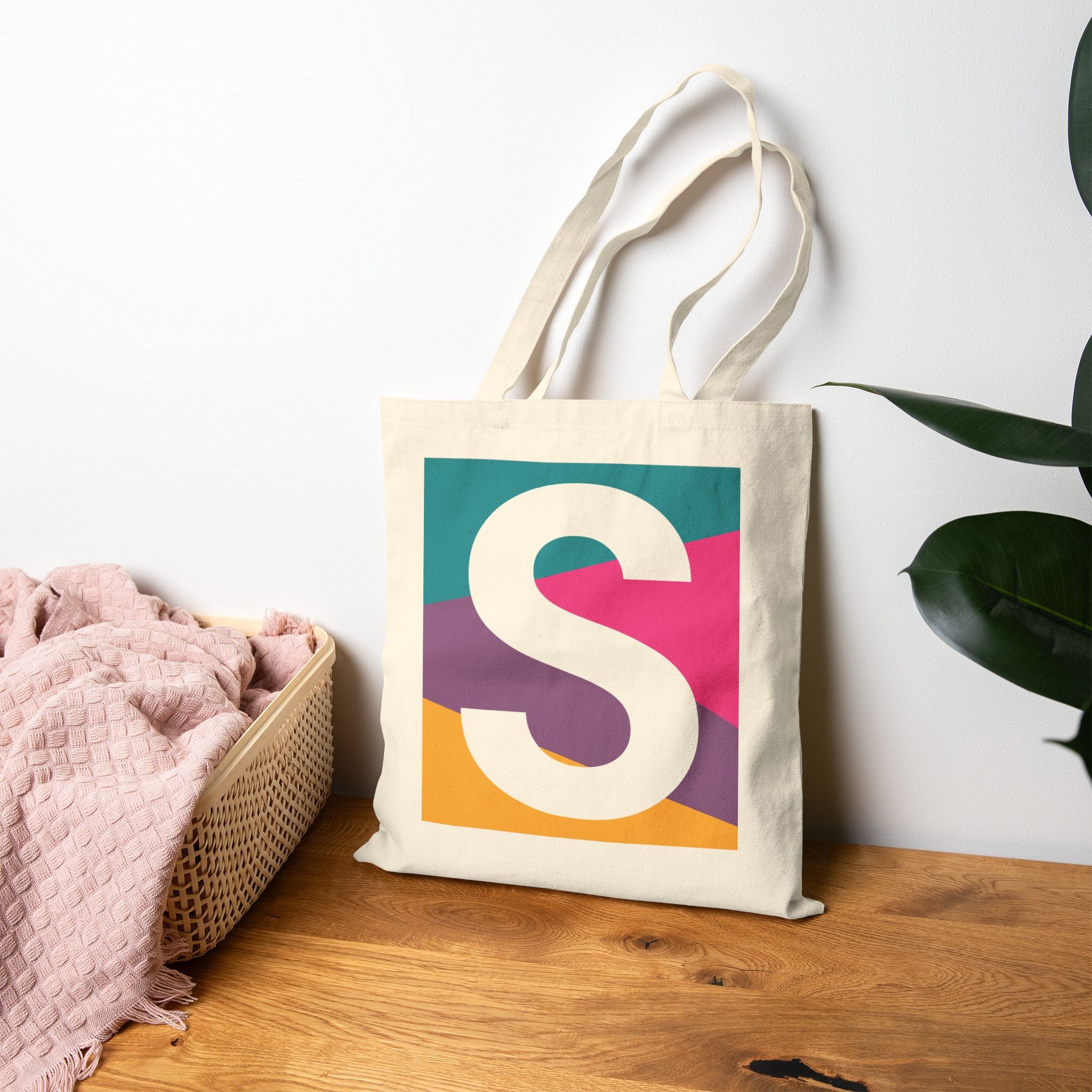 Initial S Colorblock Canvas Tote Bag — Monogram Letter S Reusable Grocery Tote