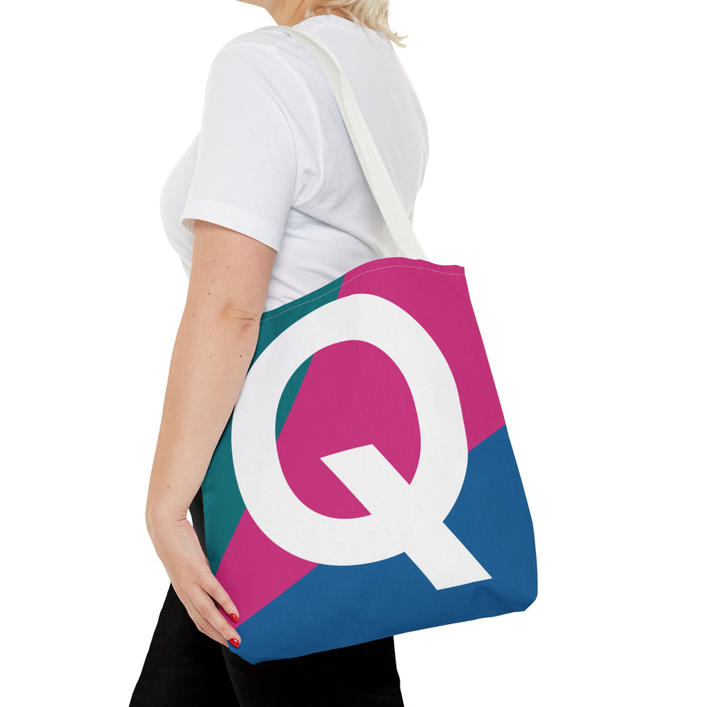Monogram 'Q' Colorblock Tote Bag — Personalized Initial Q Shoulder Tote