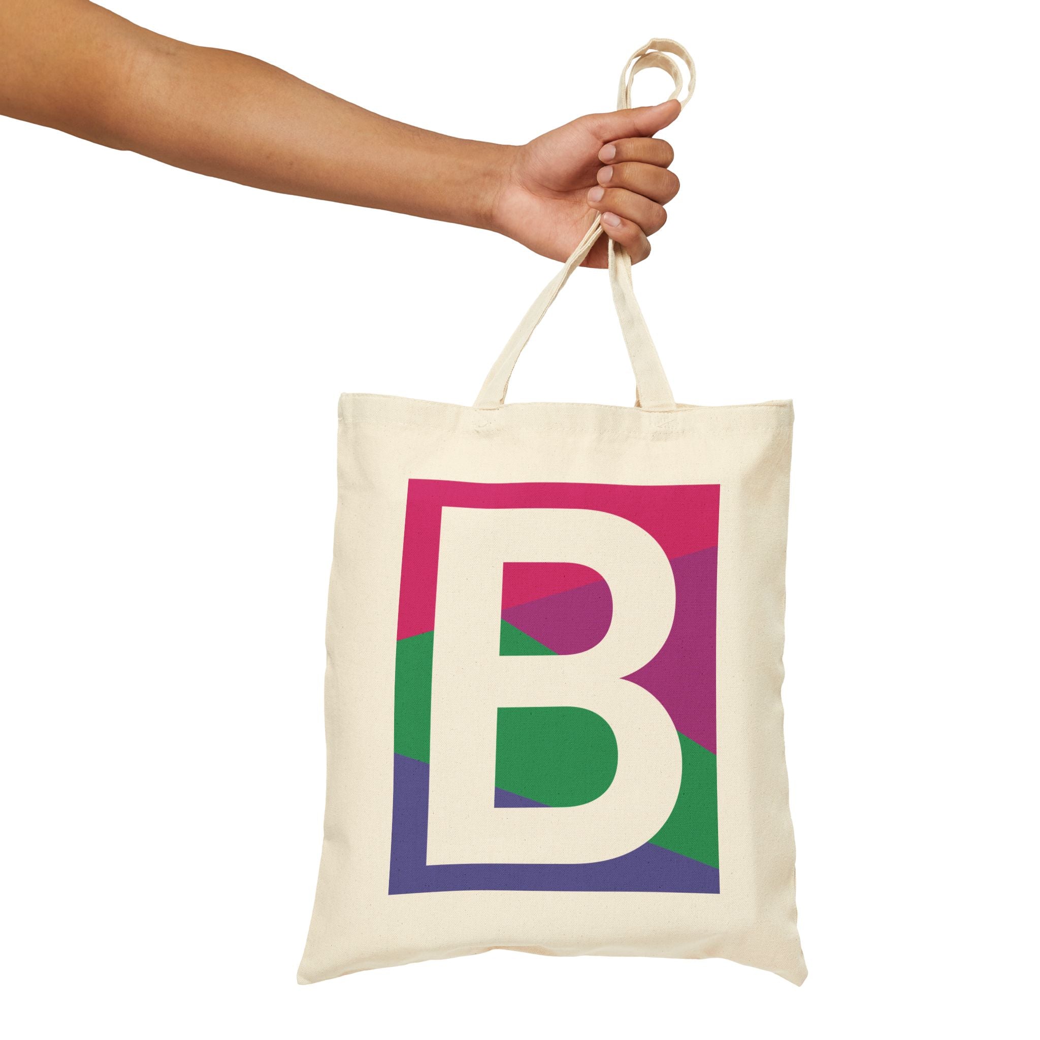 Initial B Colorblock Canvas Tote Bag — Monogram Letter B Reusable Grocery Tote