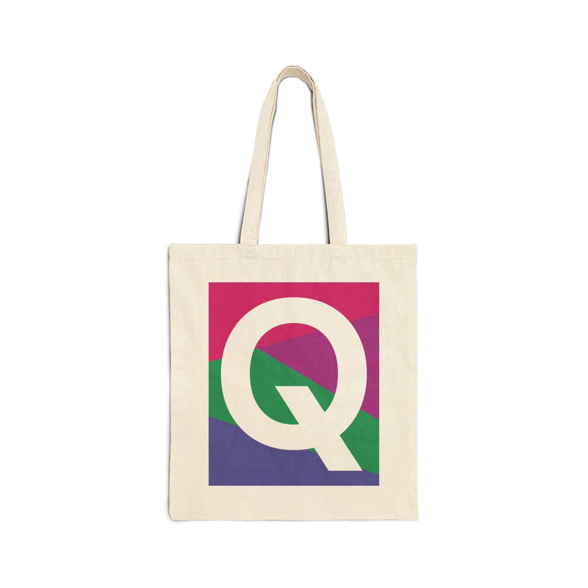 Initial Q Colorblock Canvas Tote Bag — Monogram Letter Q Reusable Grocery Tote
