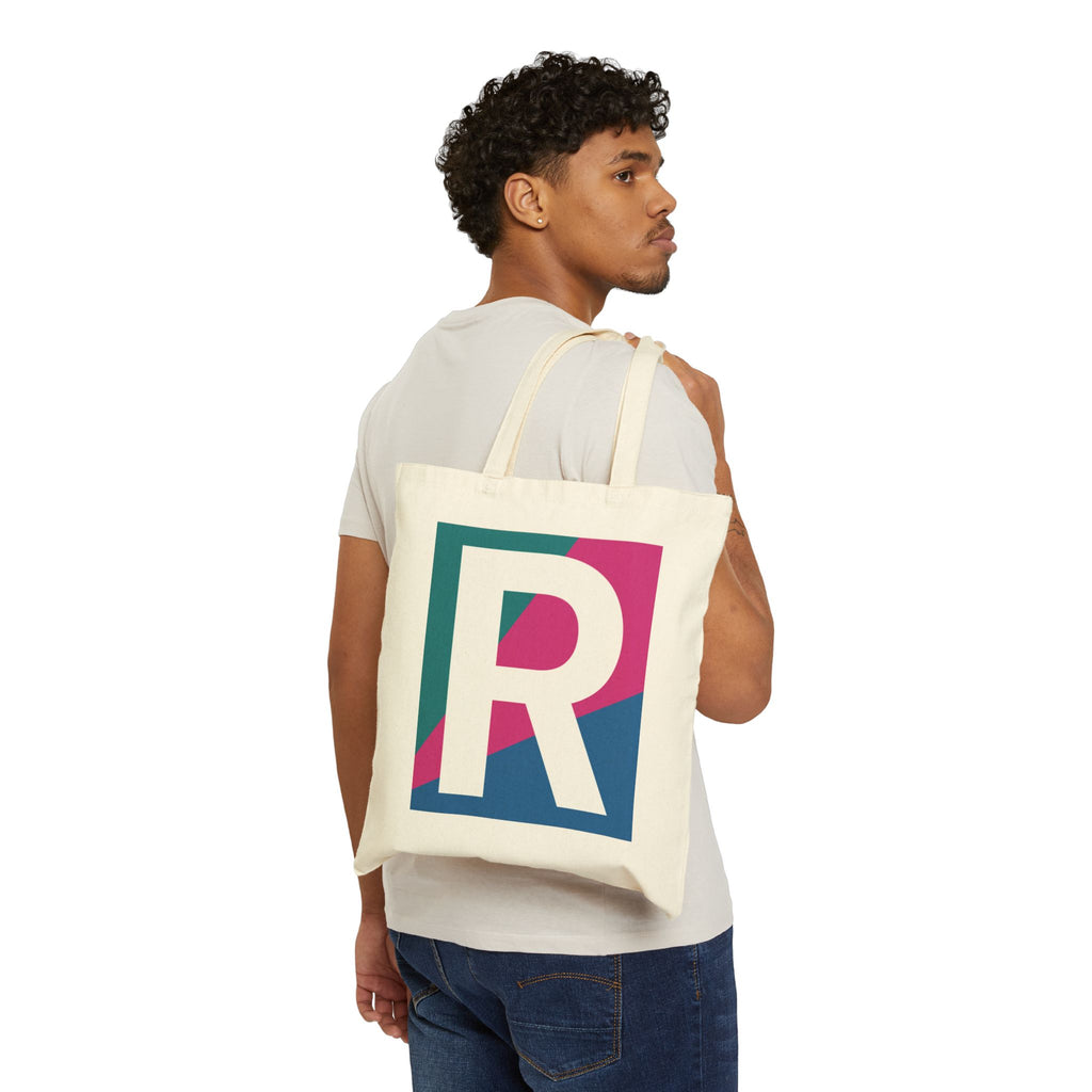Initial R Colorblock Canvas Tote Bag — Monogram Letter R Reusable Grocery Tote