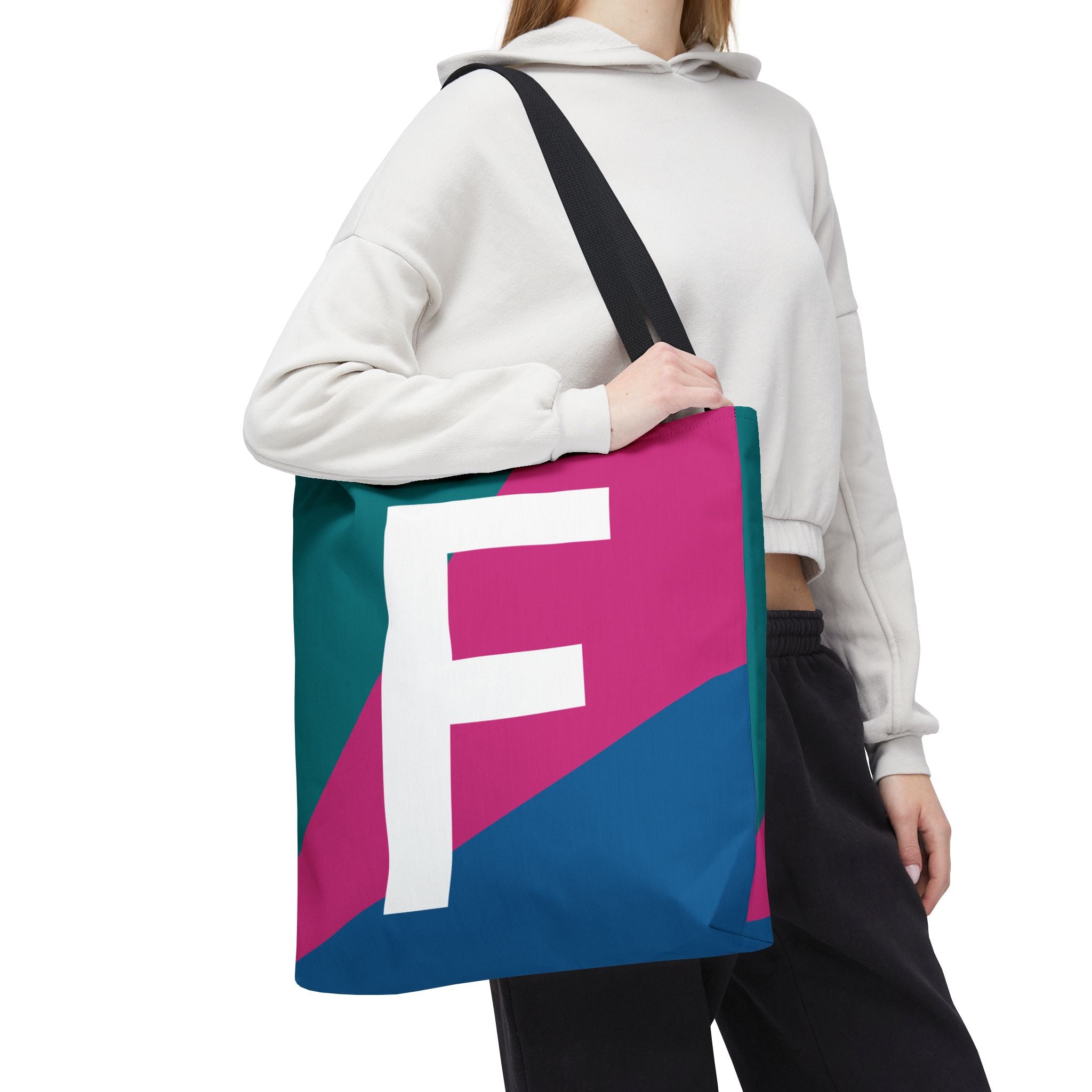 Monogram 'F' Colorblock Tote Bag — Personalized Initial F Shoulder Tote