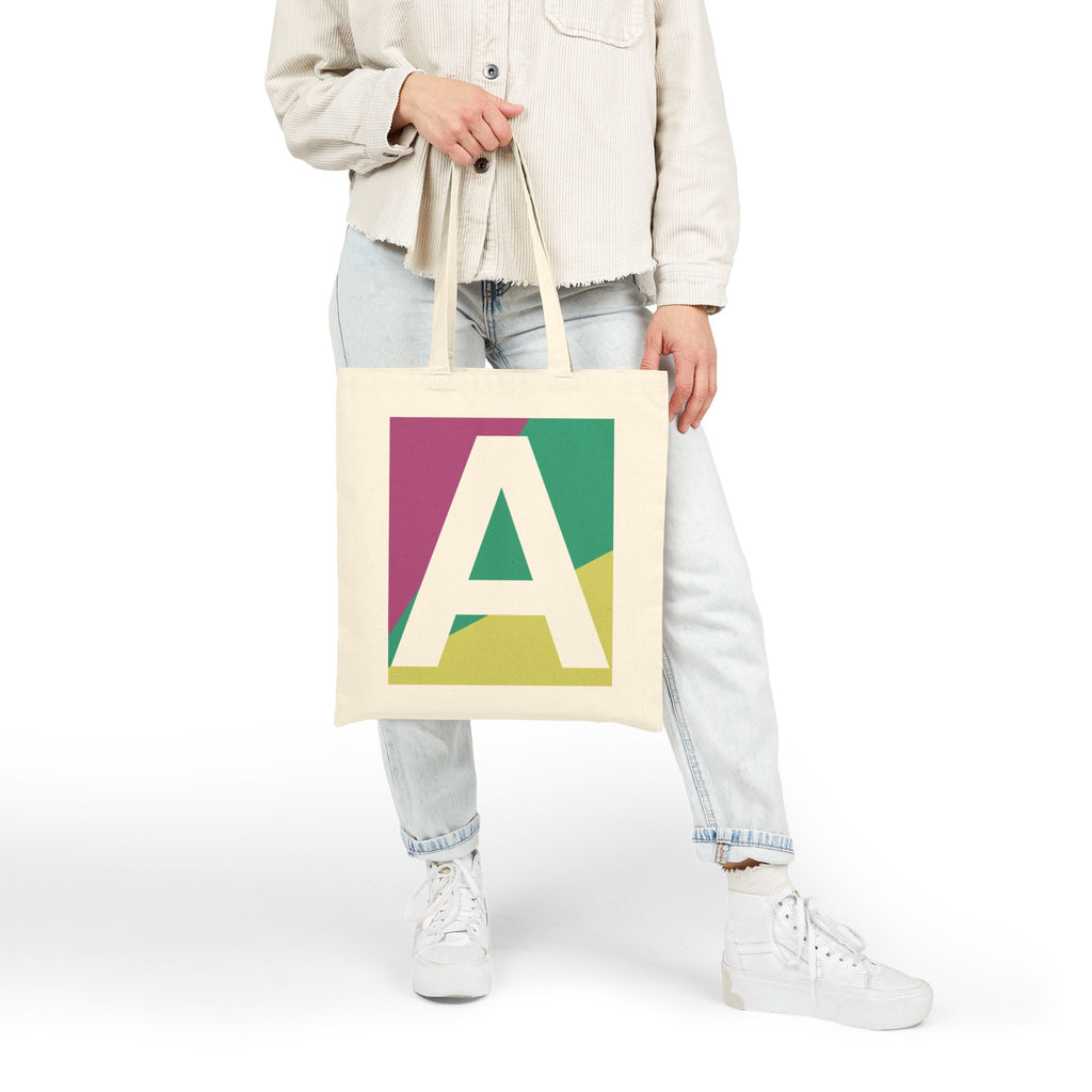 Initial A Colorblock Canvas Tote Bag — Monogram Letter A Reusable Grocery Tote