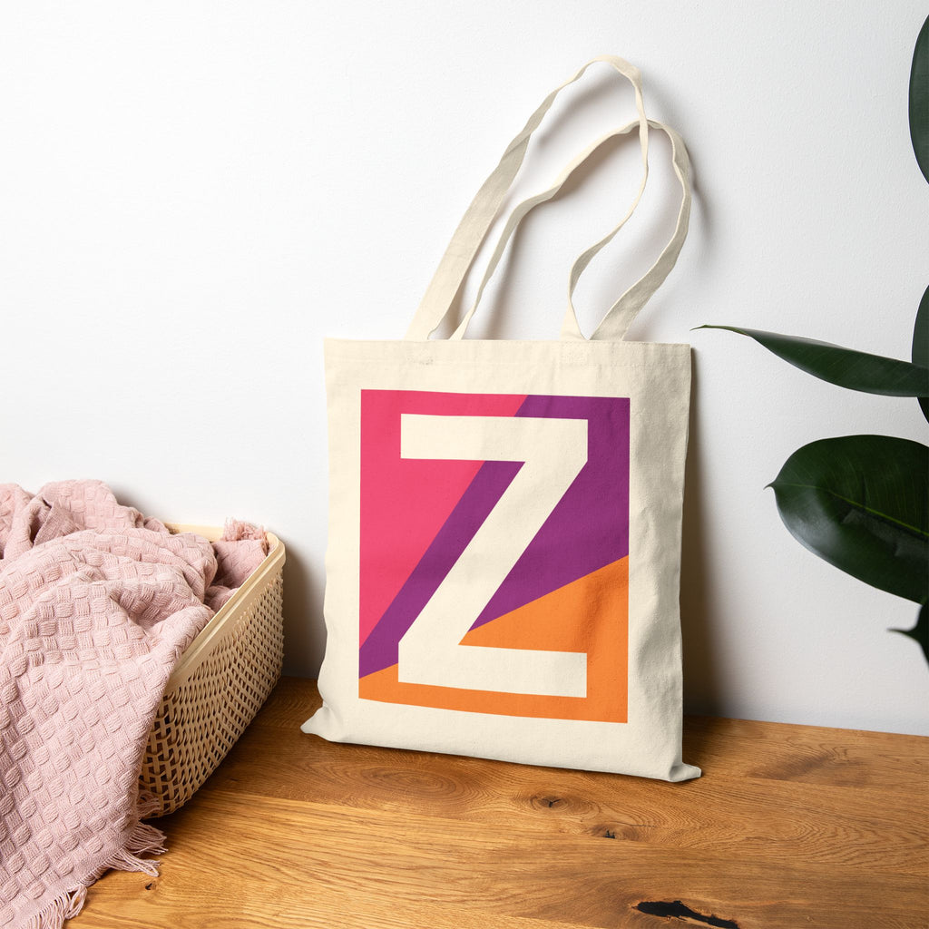 Initial Z Colorblock Canvas Tote Bag — Monogram Letter Z Reusable Grocery Tote