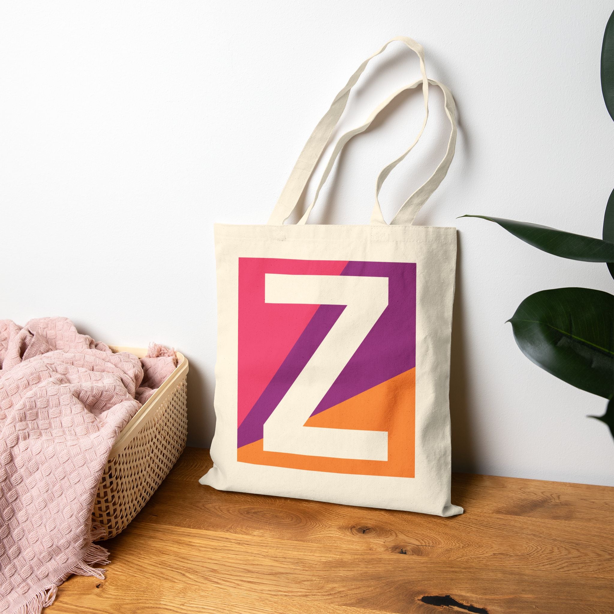 Initial Z Colorblock Canvas Tote Bag — Monogram Letter Z Reusable Grocery Tote