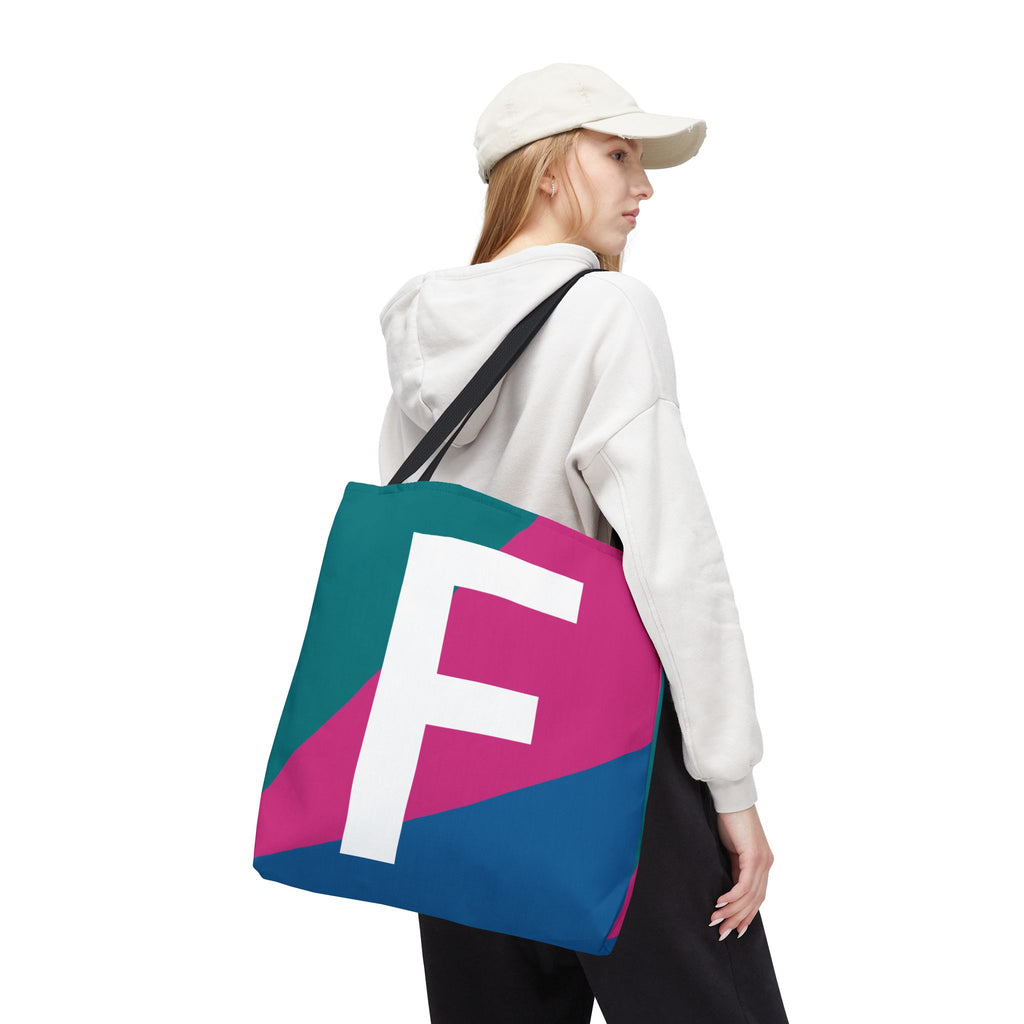 Monogram 'F' Colorblock Tote Bag — Personalized Initial F Shoulder Tote