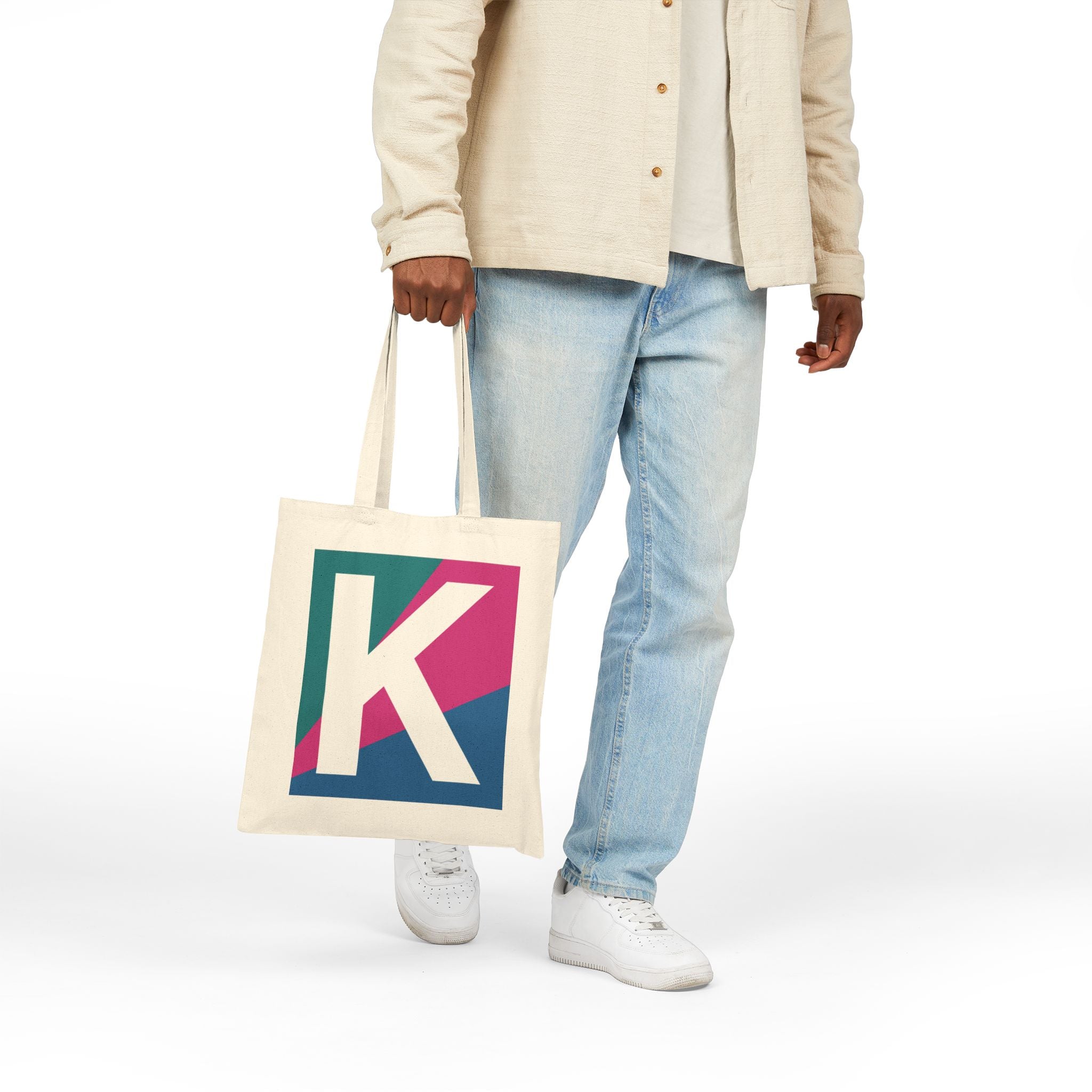 Initial K Colorblock Canvas Tote Bag — Monogram Letter K Reusable Grocery Tote