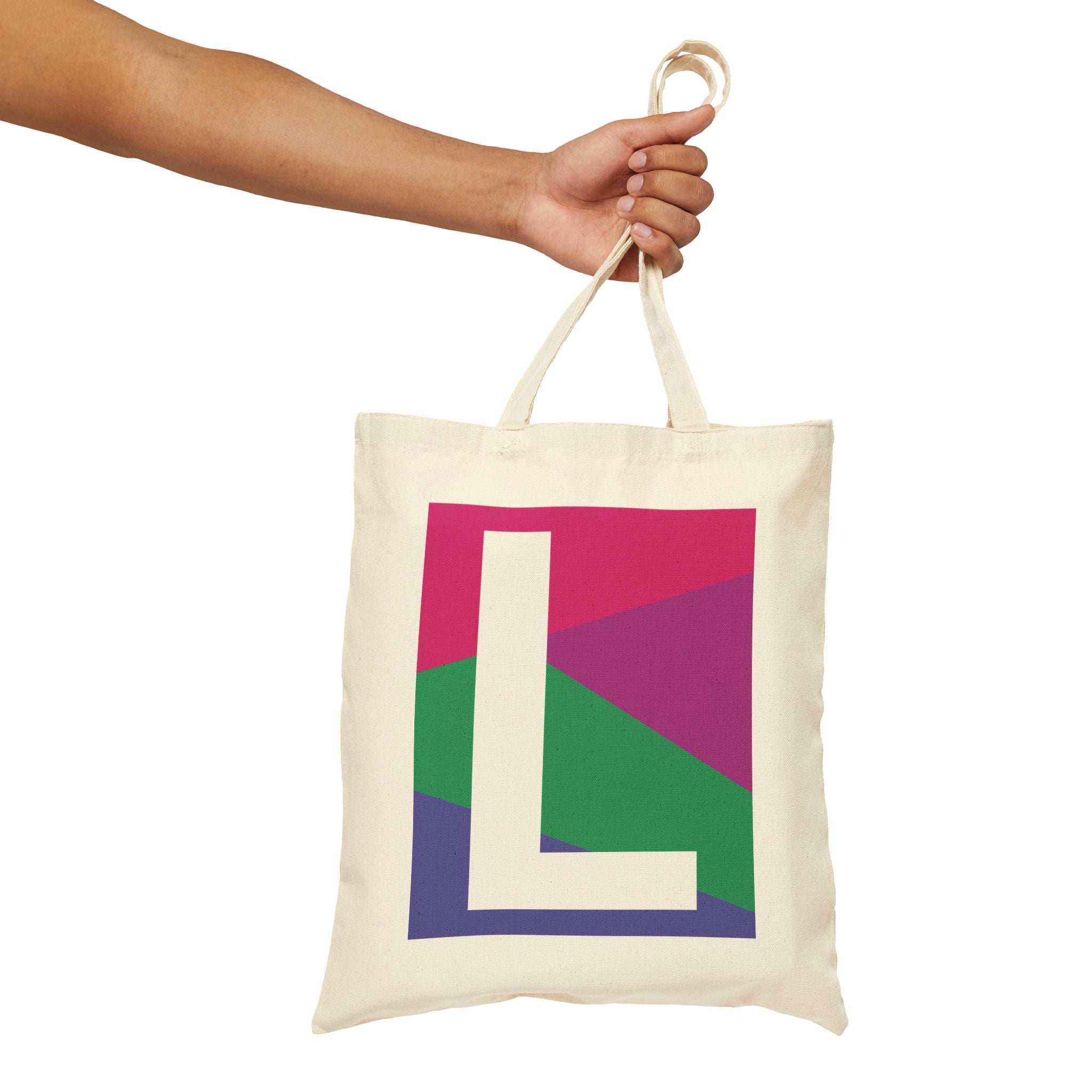 Initial L Colorblock Canvas Tote Bag — Monogram Letter L Reusable Grocery Tote