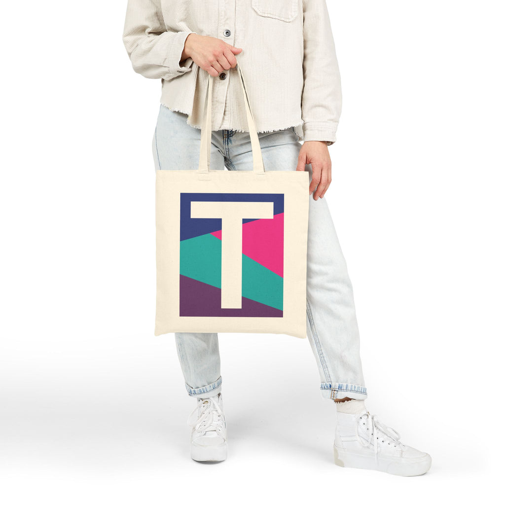 Initial T Colorblock Canvas Tote Bag — Monogram Letter T Reusable Grocery Tote