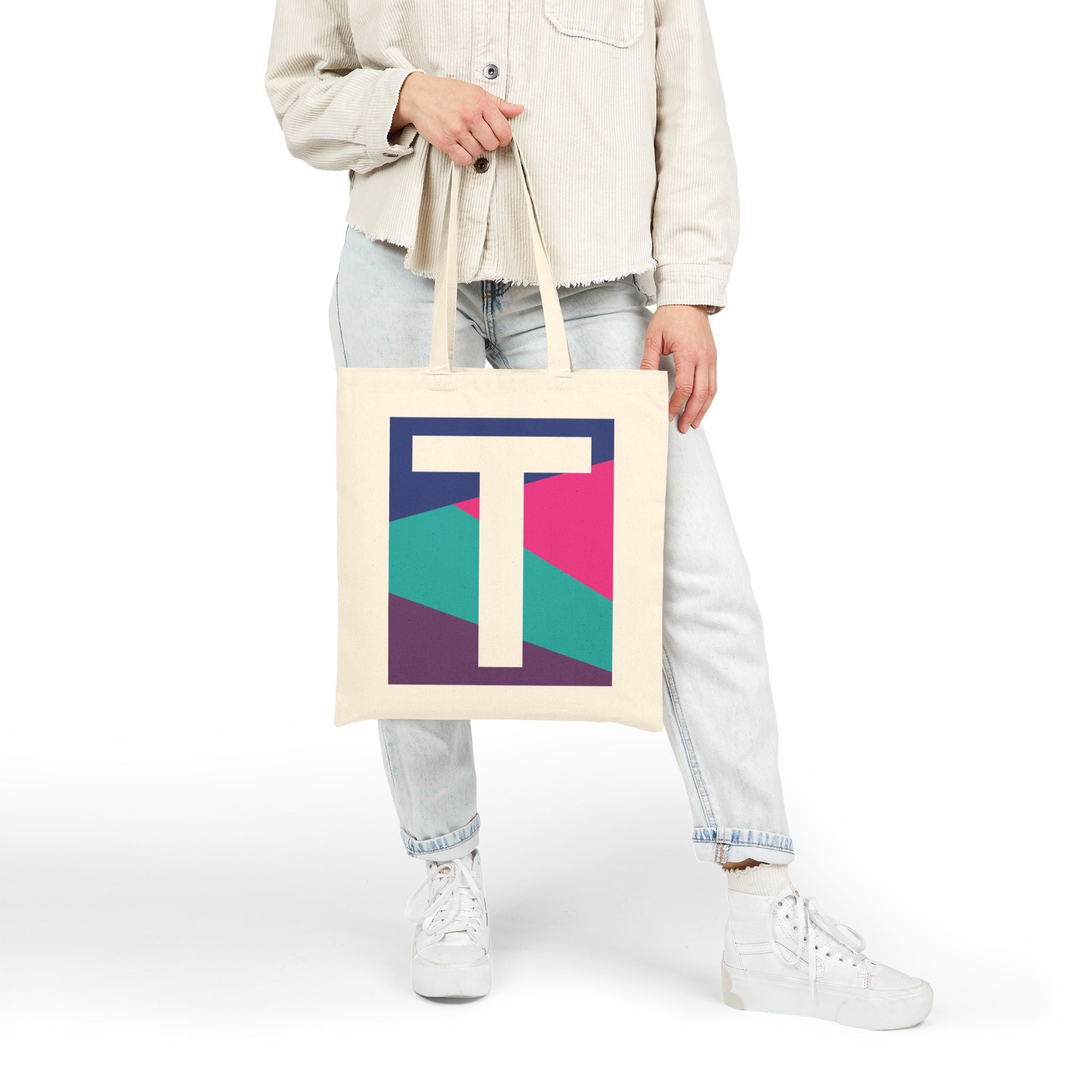 Initial T Colorblock Canvas Tote Bag — Monogram Letter T Reusable Grocery Tote