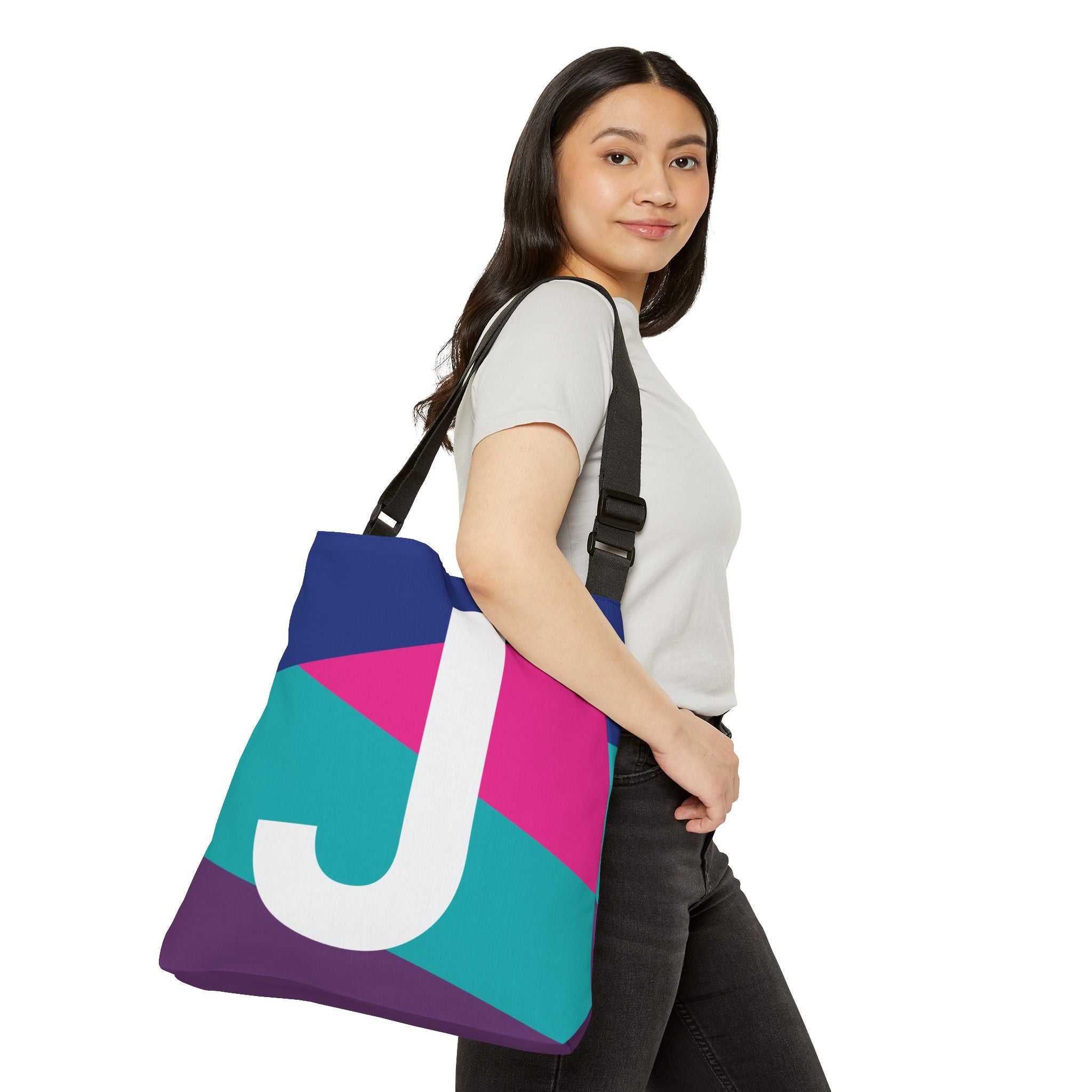 Initial Letter 'J' Colorblock Adjustable Tote Bag — Monogram Alphabet Shoulder Bag
