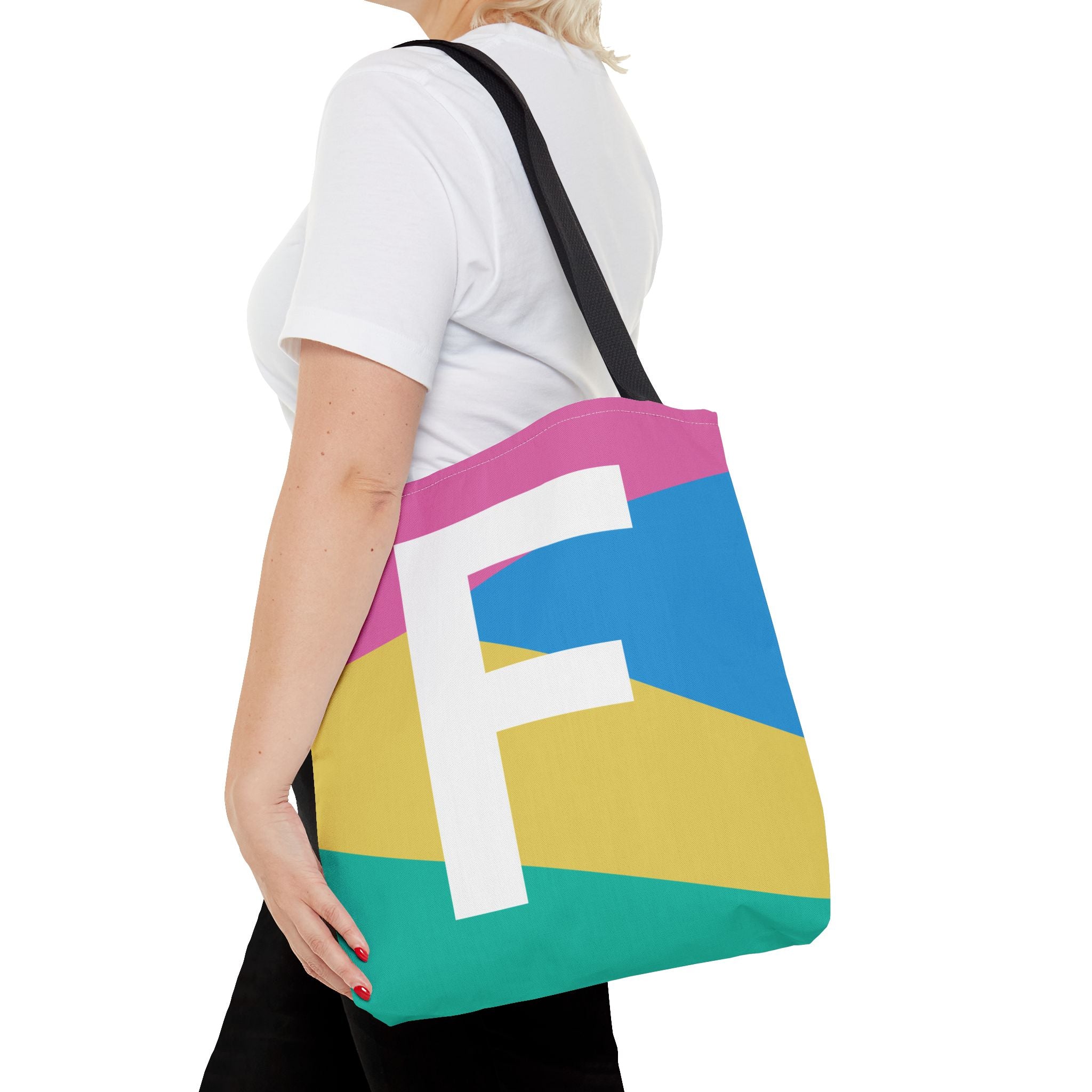 Monogram 'F' Colorblock Tote Bag — Personalized Initial F Shoulder Tote