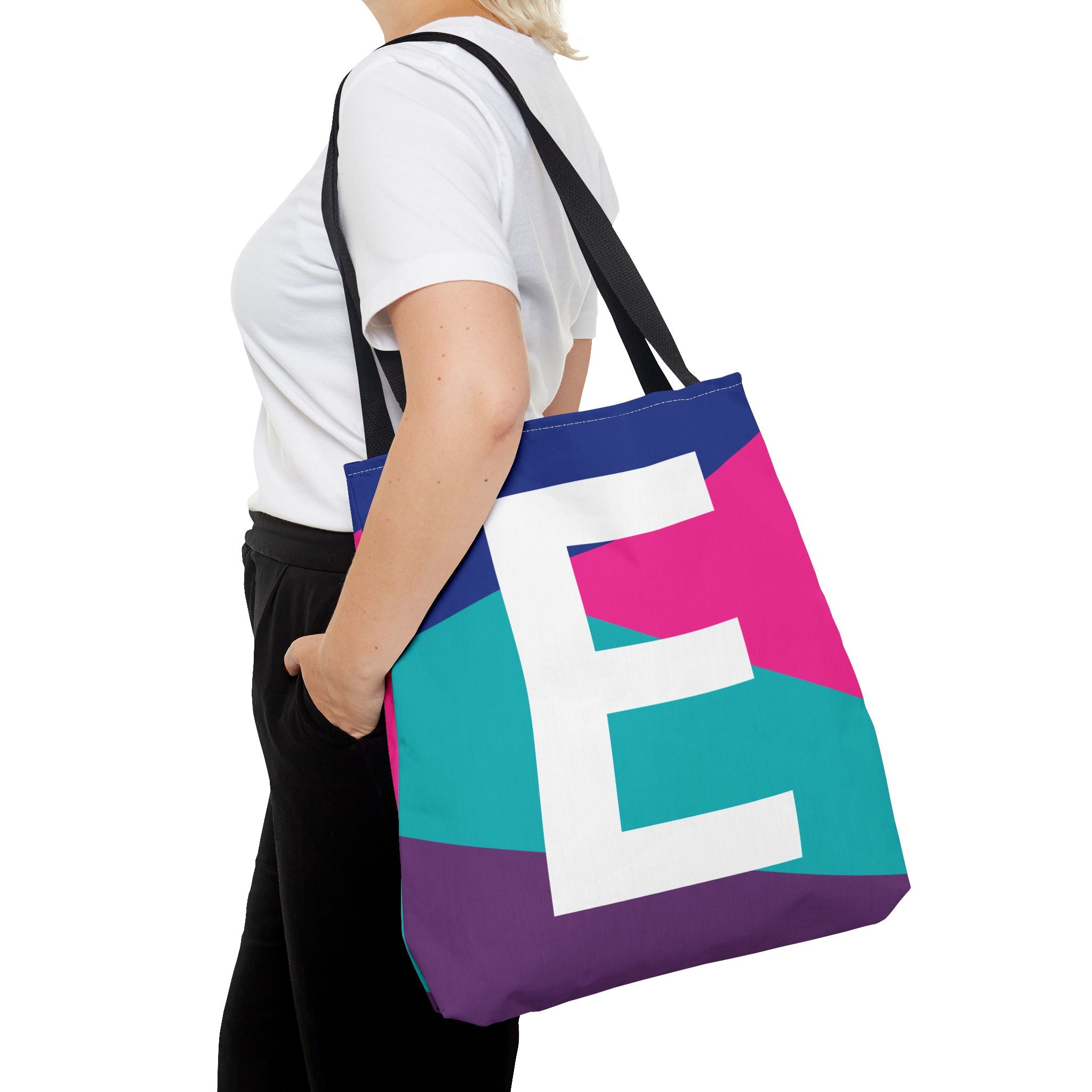Monogram 'E' Colorblock Tote Bag — Personalized Initial E Shoulder Tote
