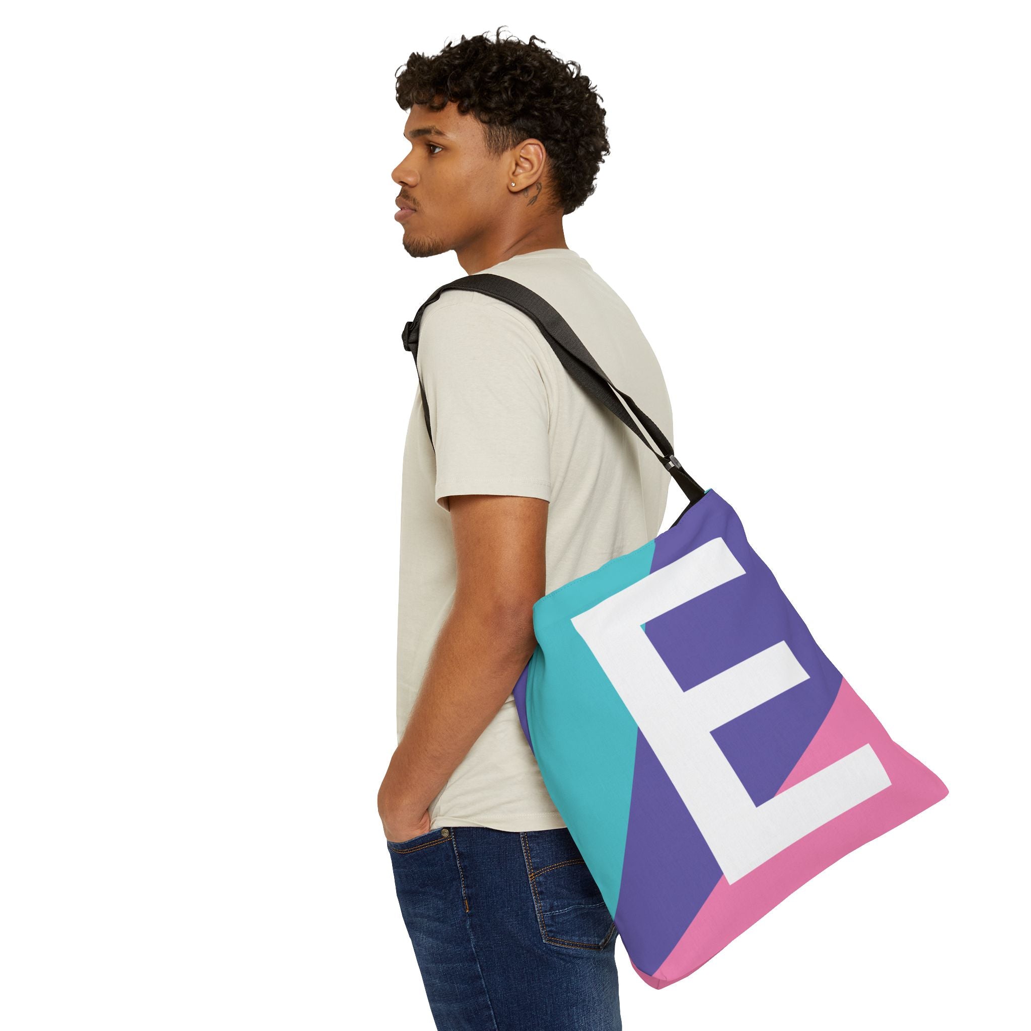 Initial Letter 'E' Colorblock Adjustable Tote Bag — Monogram Alphabet Shoulder Bag