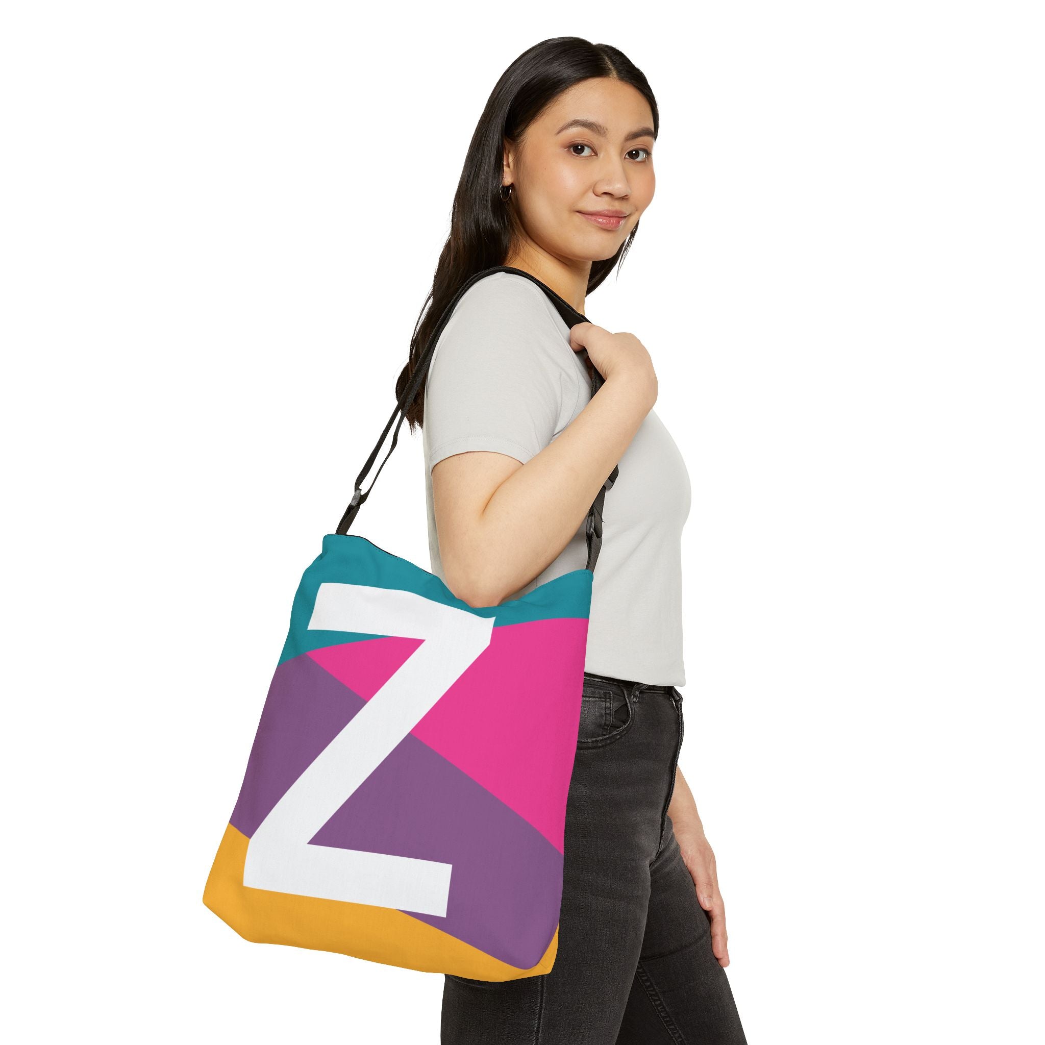 Initial Letter 'Z' Colorblock Adjustable Tote Bag — Monogram Alphabet Shoulder Bag