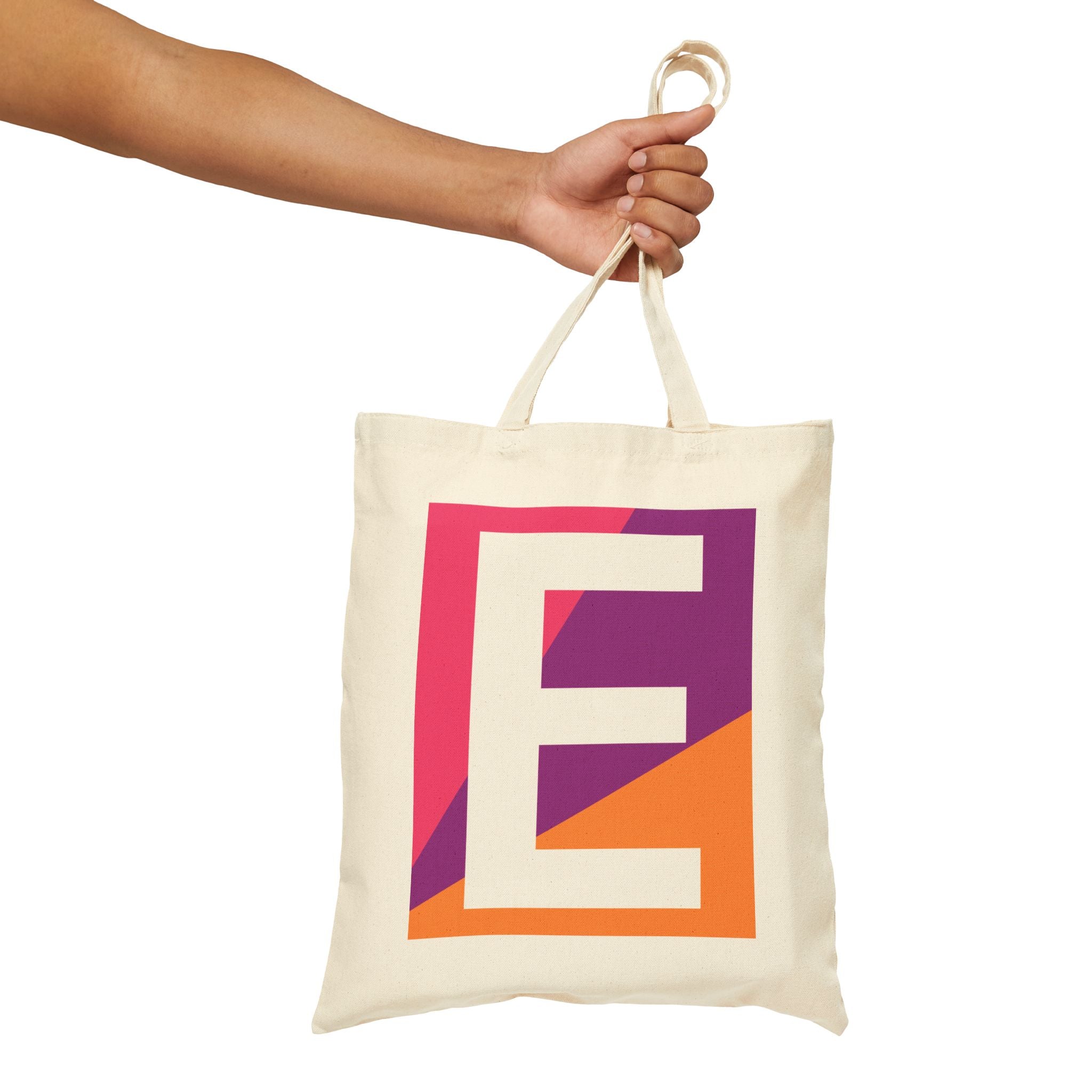 Initial E Colorblock Canvas Tote Bag — Monogram Letter E Reusable Grocery Tote