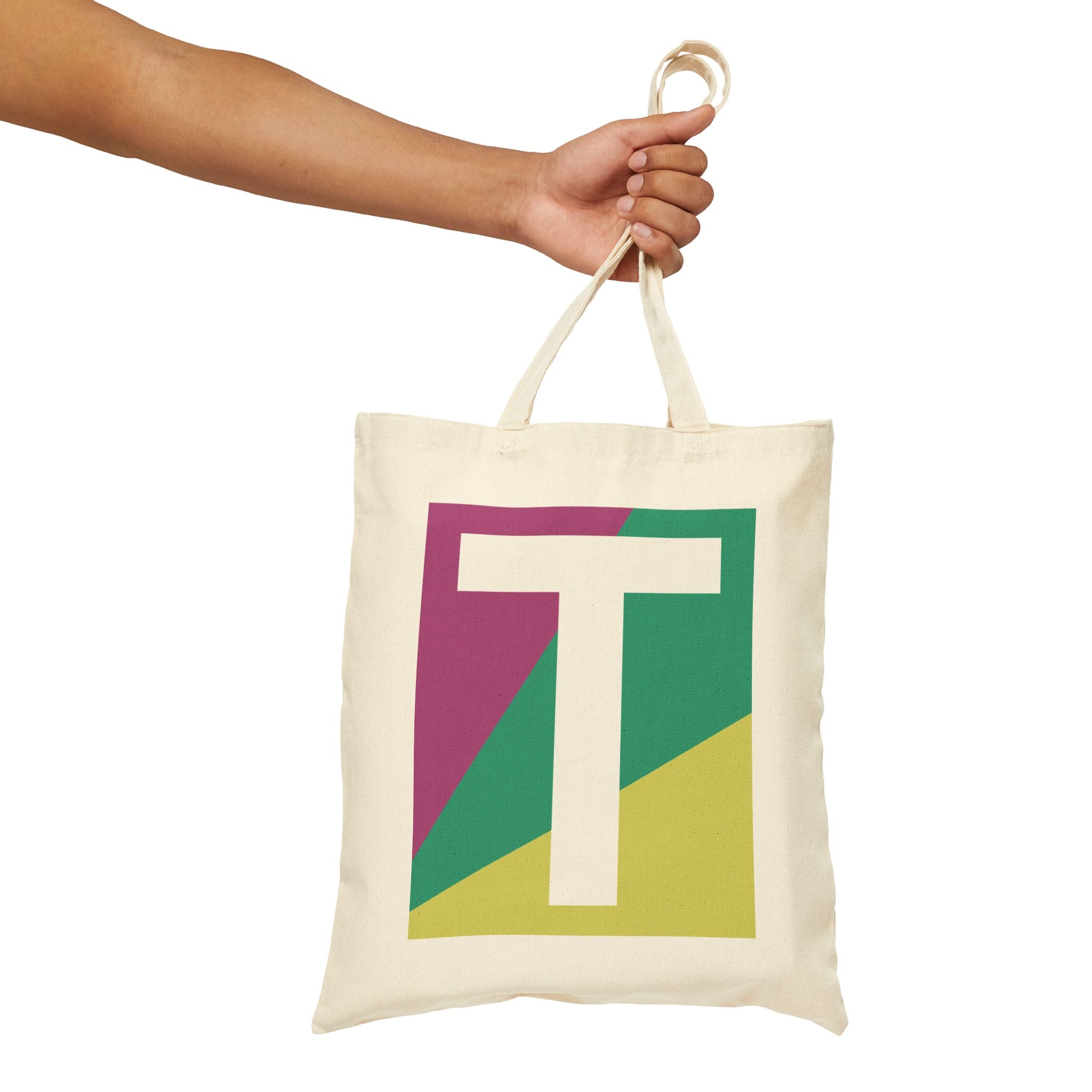 Initial T Colorblock Canvas Tote Bag — Monogram Letter T Reusable Grocery Tote