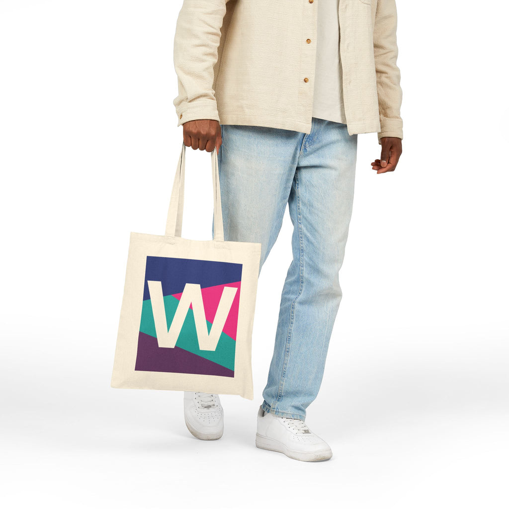 Initial W Colorblock Canvas Tote Bag — Monogram Letter W Reusable Grocery Tote