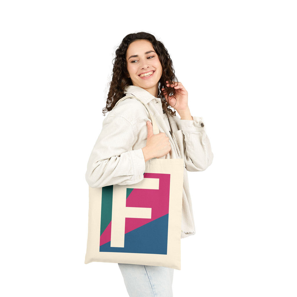 Initial F Colorblock Canvas Tote Bag — Monogram Letter F Reusable Grocery Tote