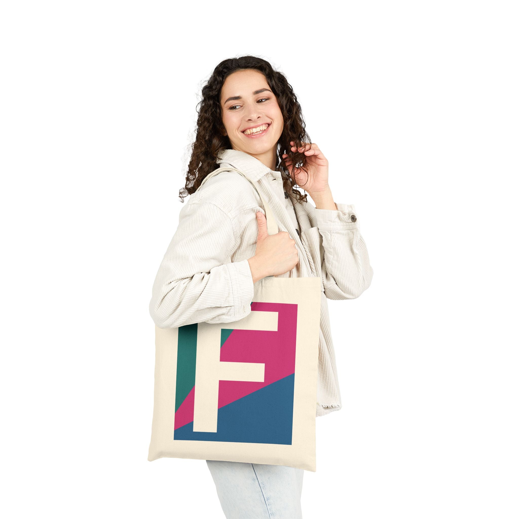 Initial F Colorblock Canvas Tote Bag — Monogram Letter F Reusable Grocery Tote