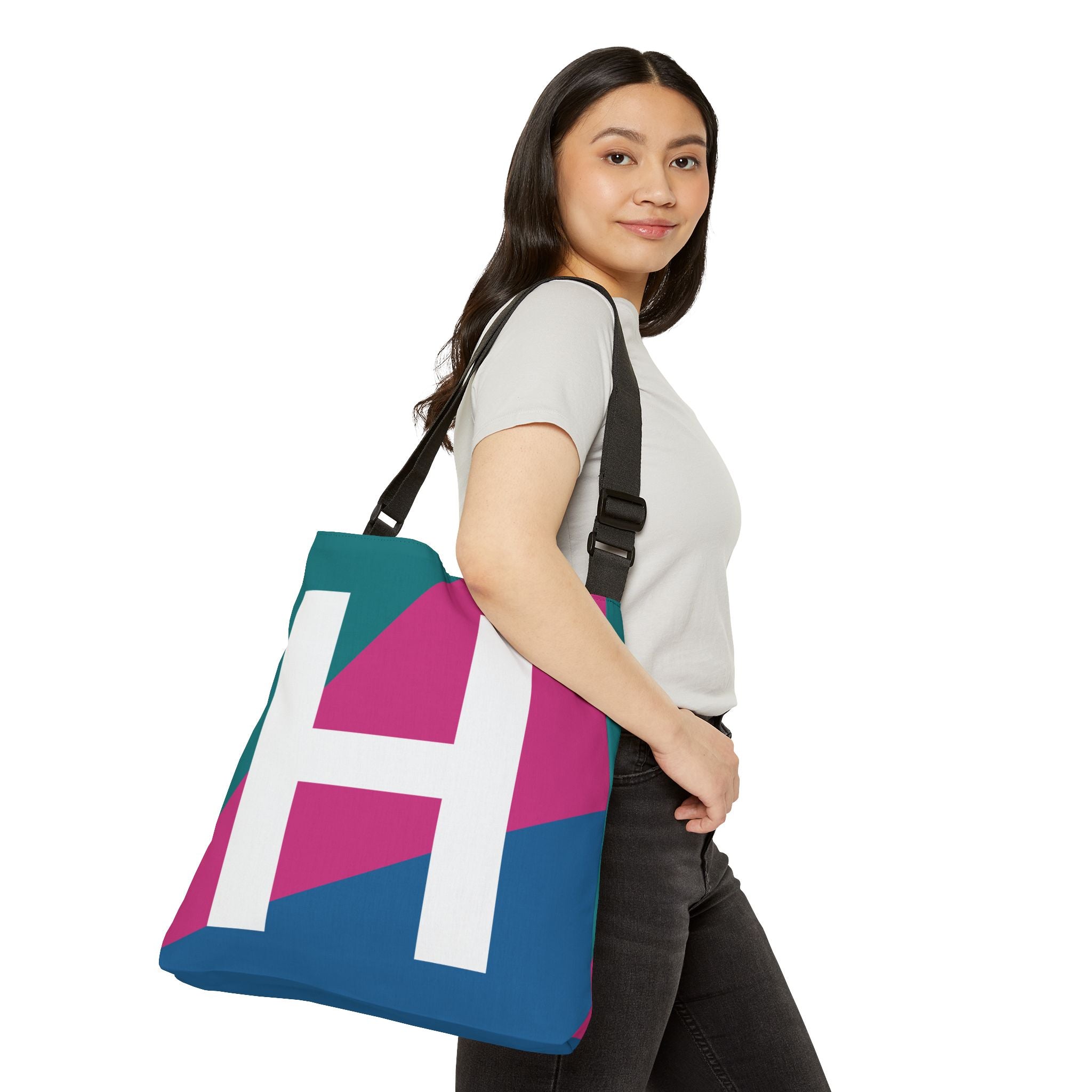 Initial Letter 'H' Colorblock Adjustable Tote Bag — Monogram Alphabet Shoulder Bag