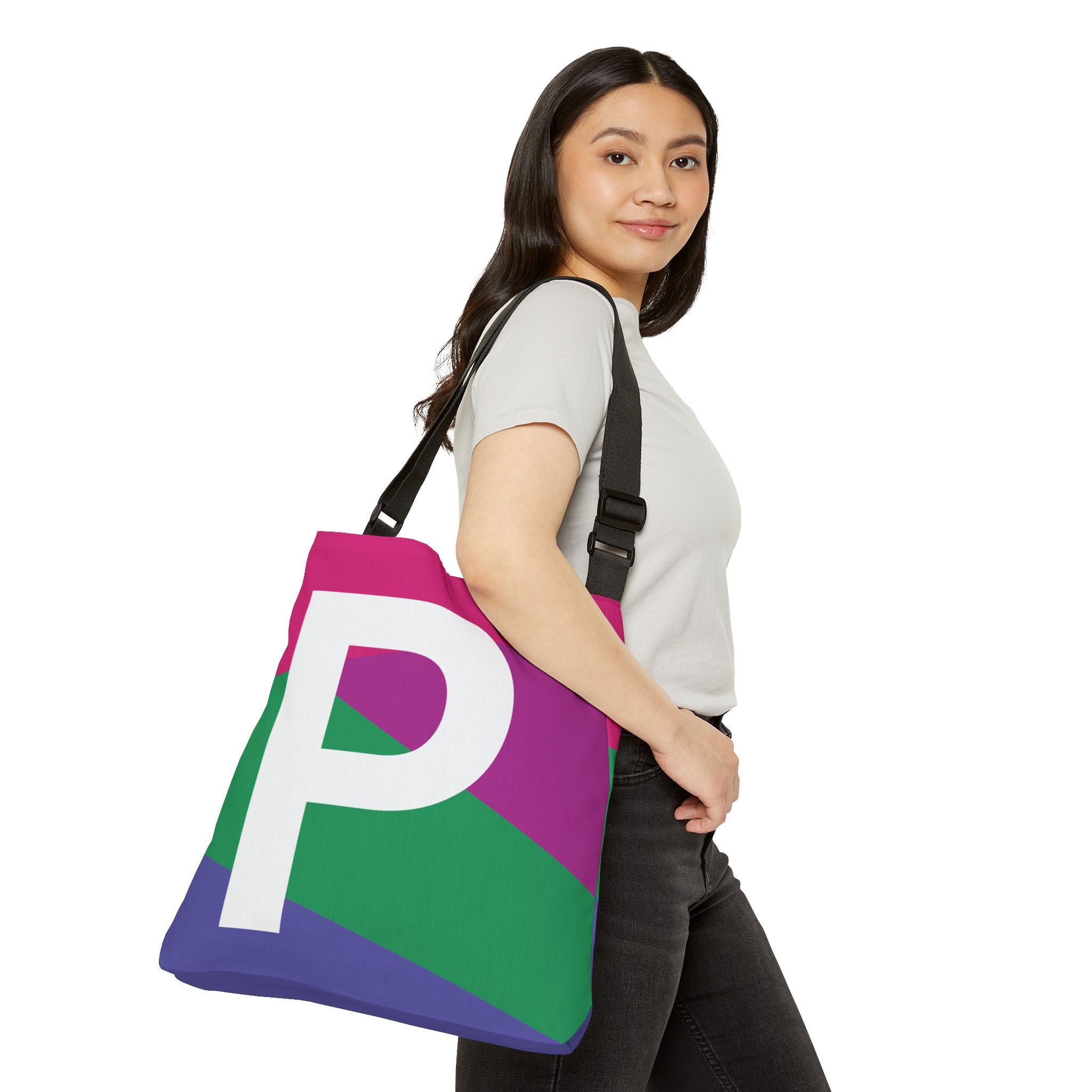Initial Letter 'P' Colorblock Adjustable Tote Bag — Monogram Alphabet Shoulder Bag