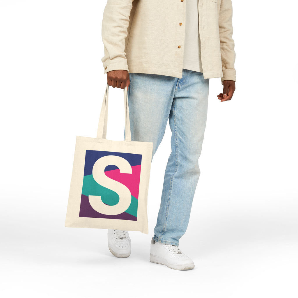 Initial S Colorblock Canvas Tote Bag — Monogram Letter S Reusable Grocery Tote