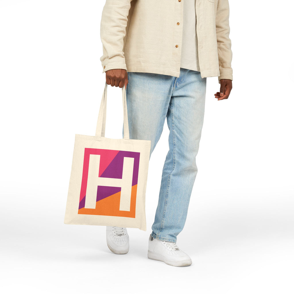 Initial H Colorblock Canvas Tote Bag — Monogram Letter H Reusable Grocery Tote