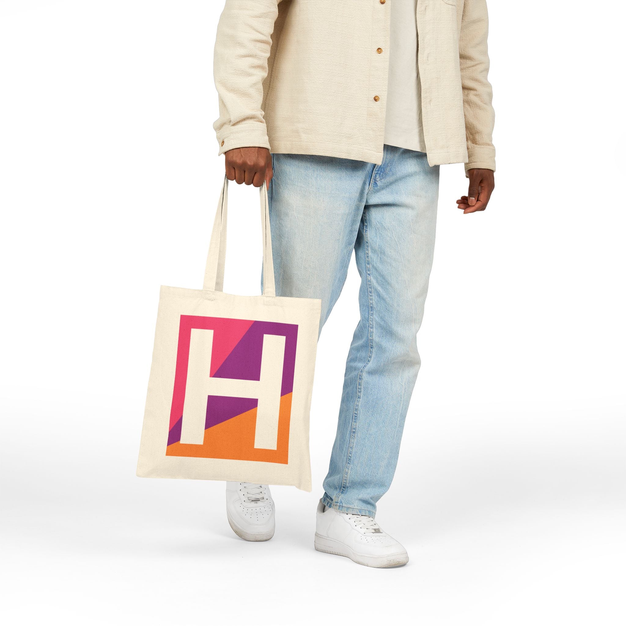 Initial H Colorblock Canvas Tote Bag — Monogram Letter H Reusable Grocery Tote