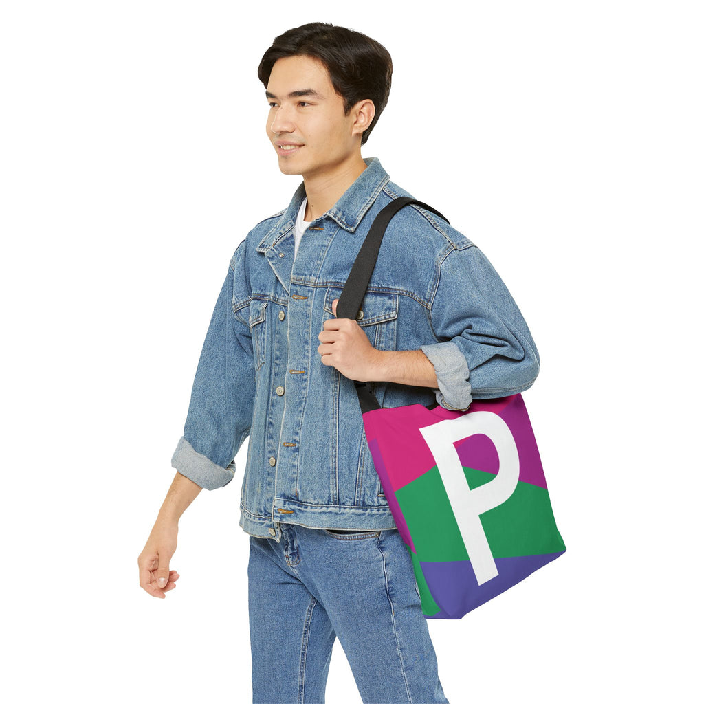 Initial Letter 'P' Colorblock Adjustable Tote Bag — Monogram Alphabet Shoulder Bag