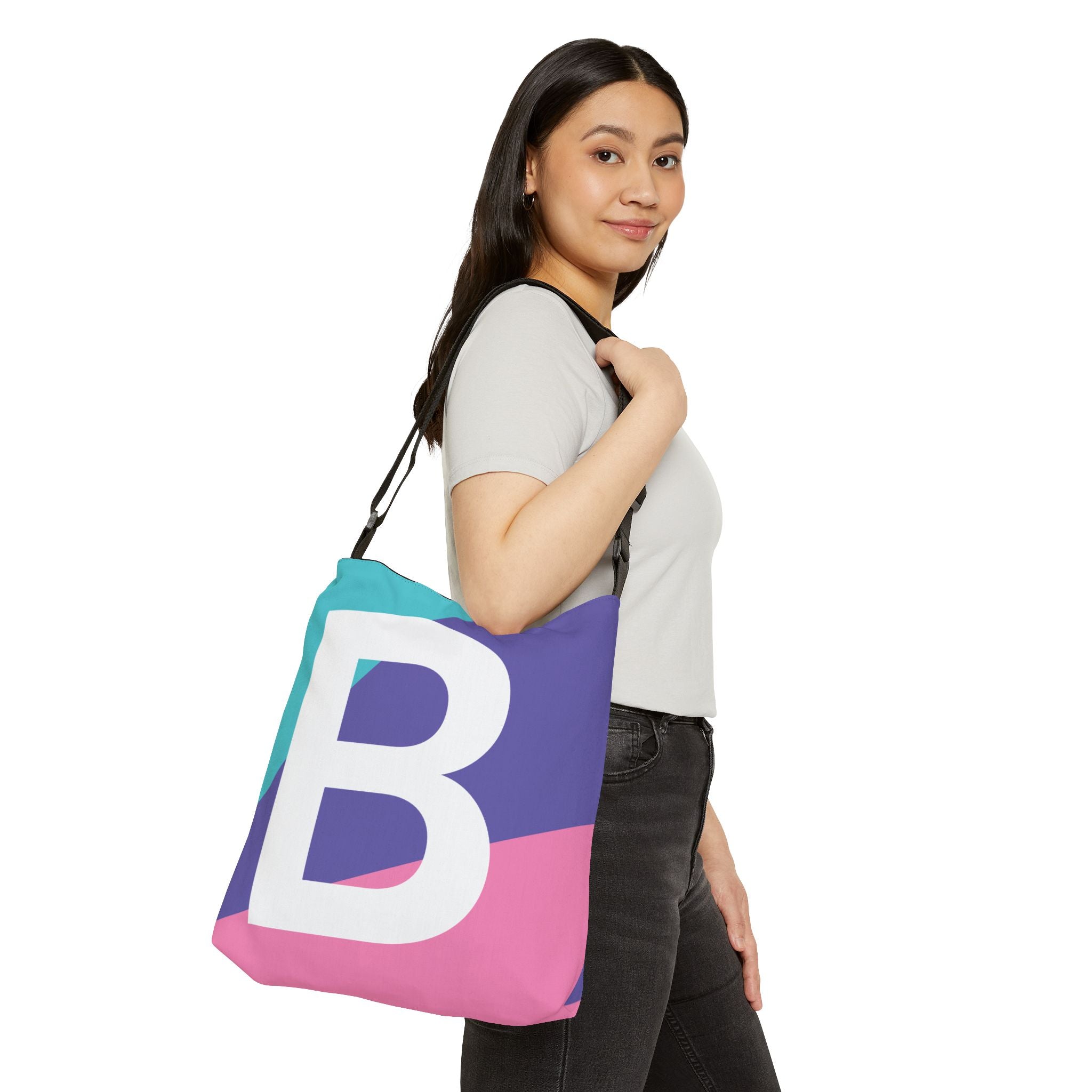 Initial Letter 'B' Colorblock Adjustable Tote Bag — Monogram Alphabet Shoulder Bag