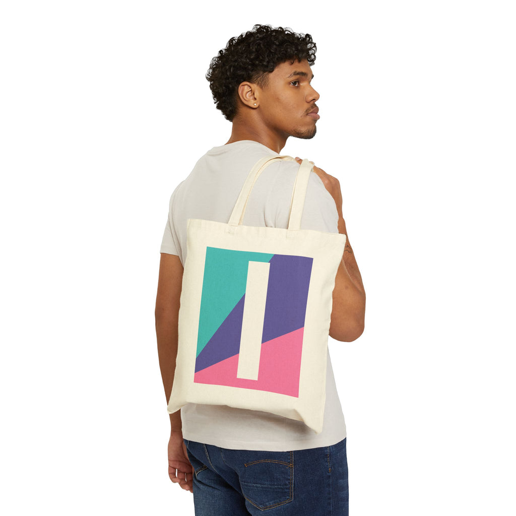 Initial I Colorblock Canvas Tote Bag — Monogram Letter I Reusable Grocery Tote