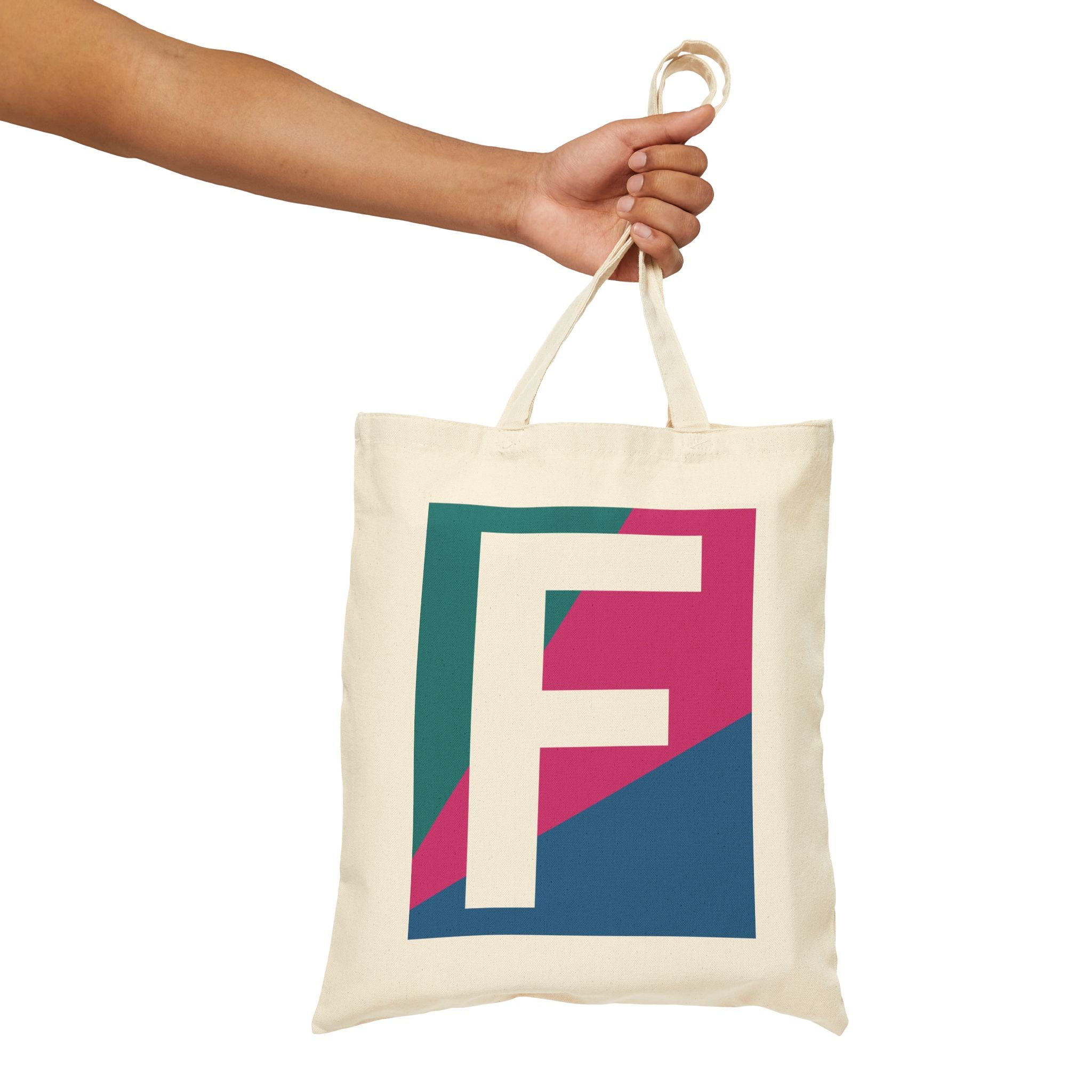 Initial F Colorblock Canvas Tote Bag — Monogram Letter F Reusable Grocery Tote