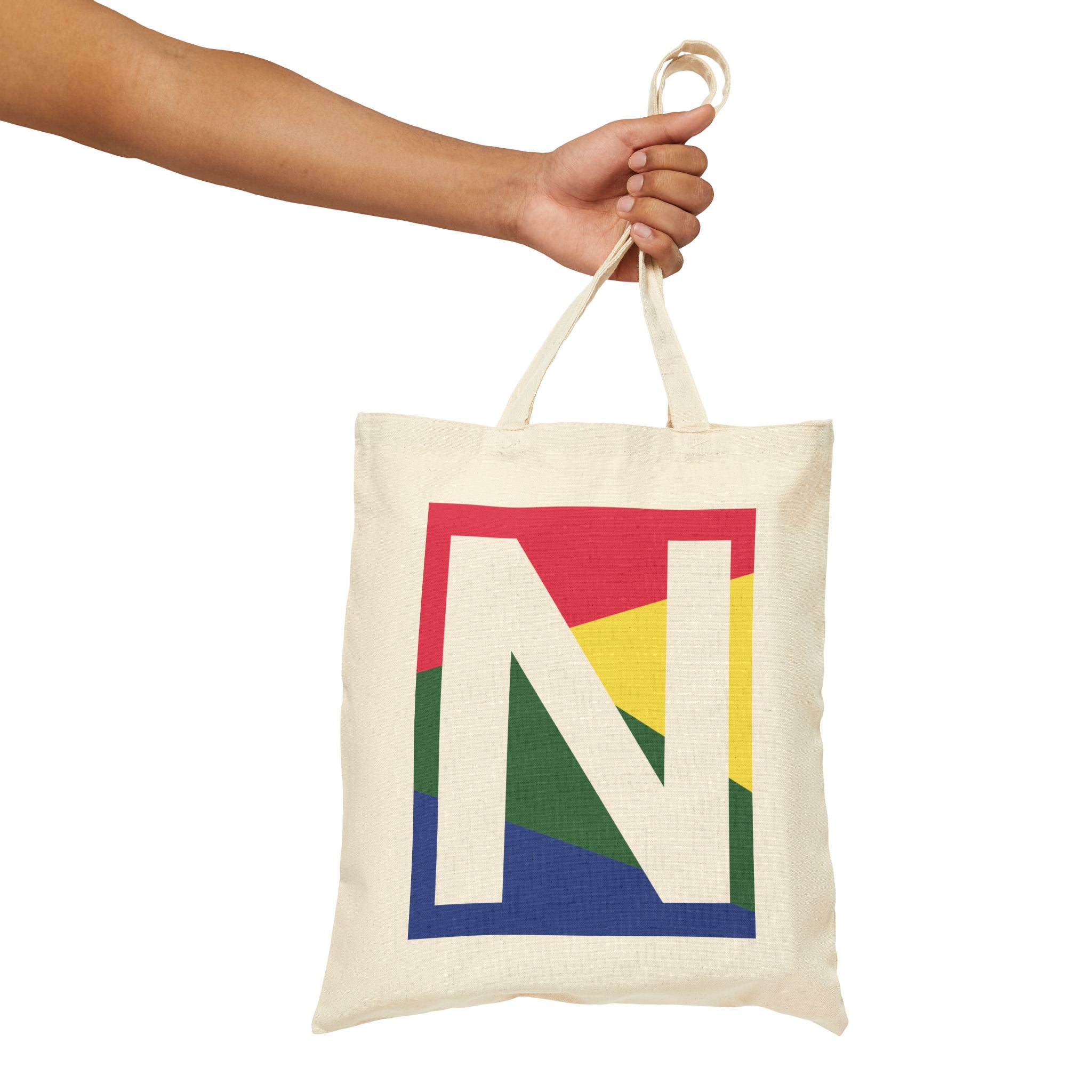 Initial N Colorblock Canvas Tote Bag — Monogram Letter N Reusable Grocery Tote