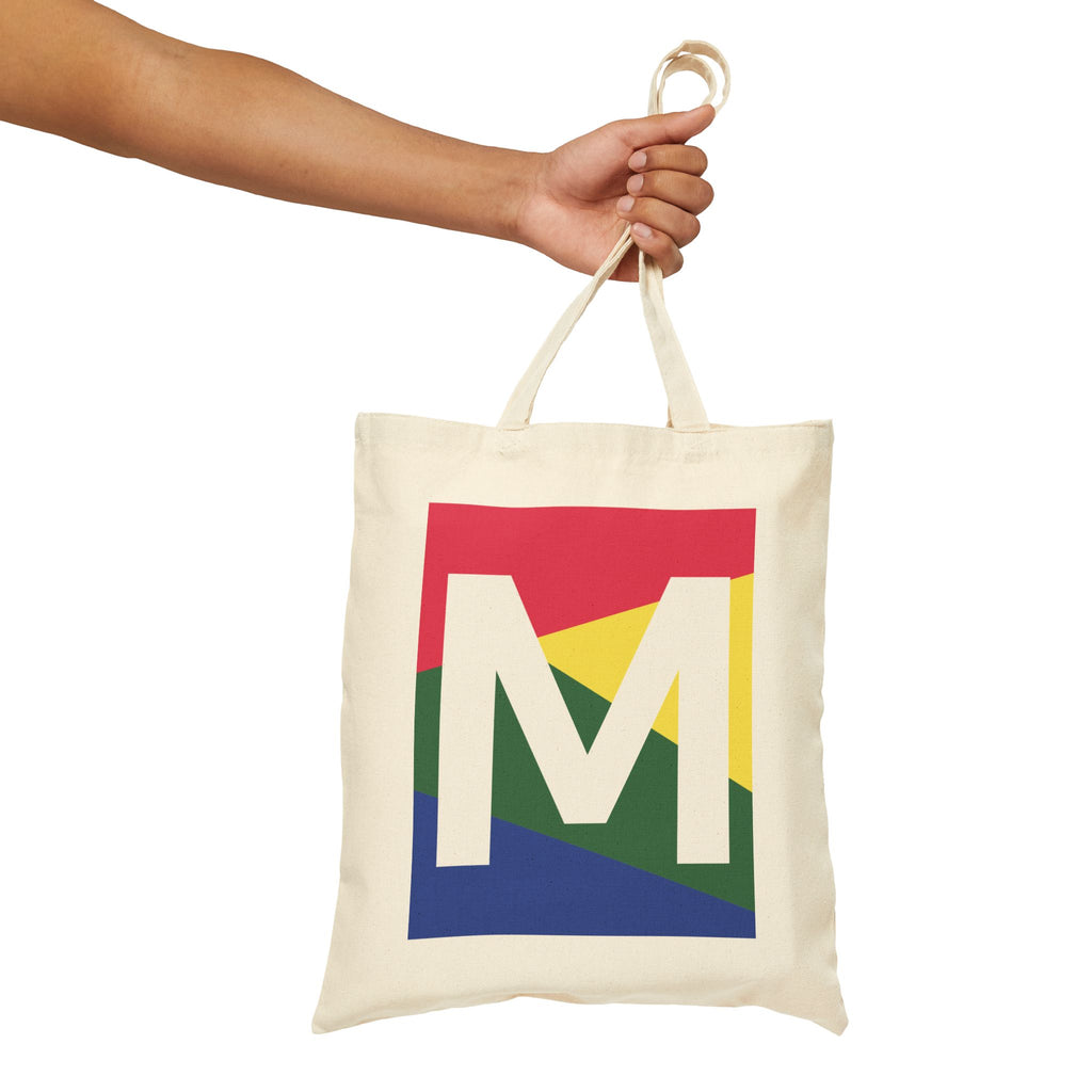 Initial M Colorblock Canvas Tote Bag — Monogram Letter M Reusable Grocery Tote