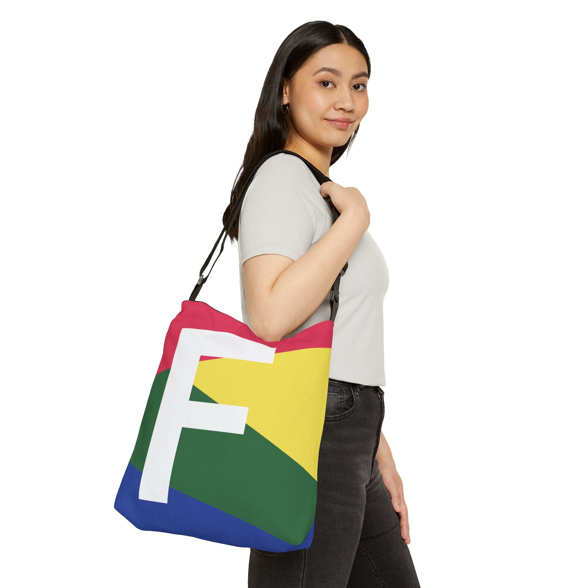Initial Letter 'F' Colorblock Adjustable Tote Bag — Monogram Alphabet Shoulder Bag