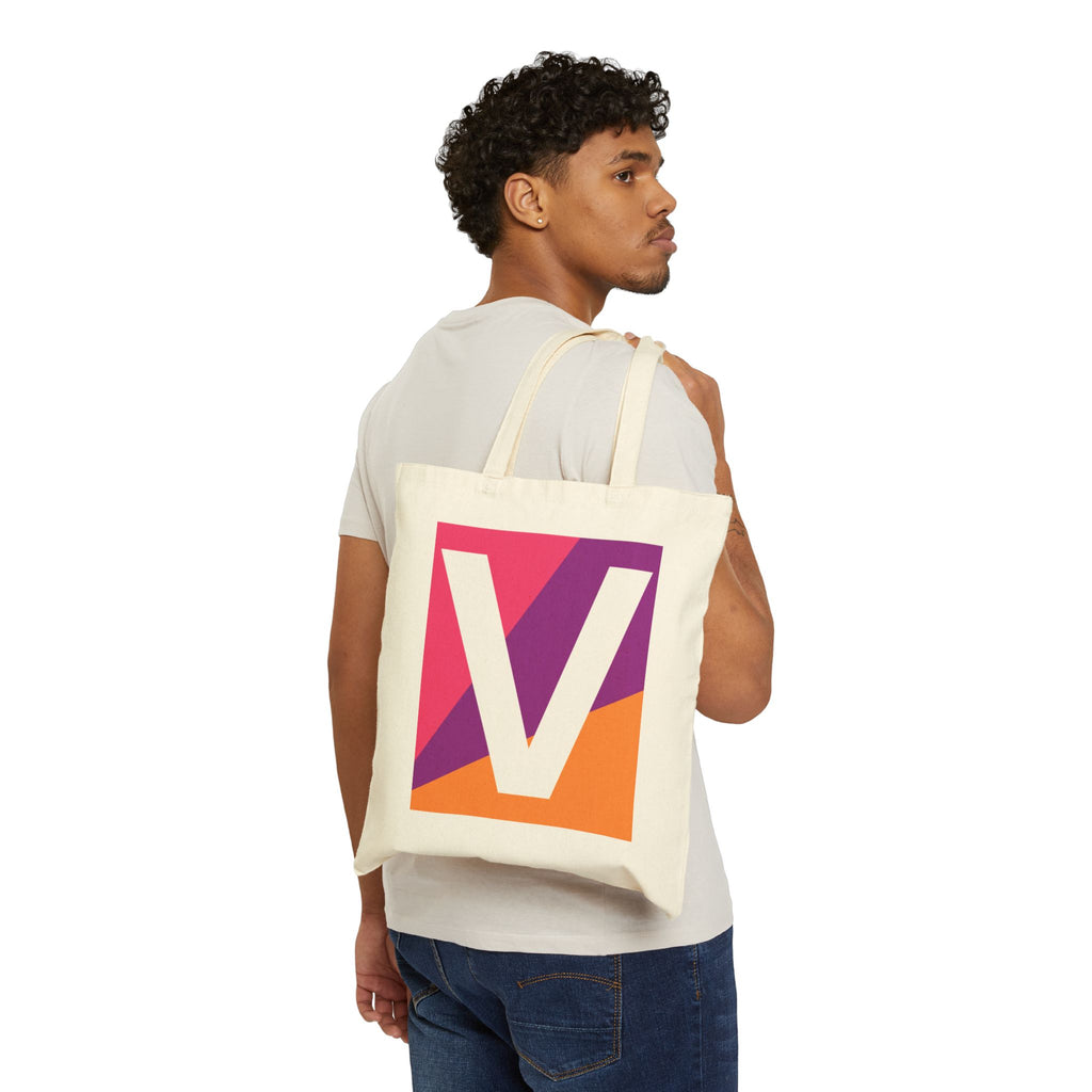 Initial V Colorblock Canvas Tote Bag — Monogram Letter V Reusable Grocery Tote