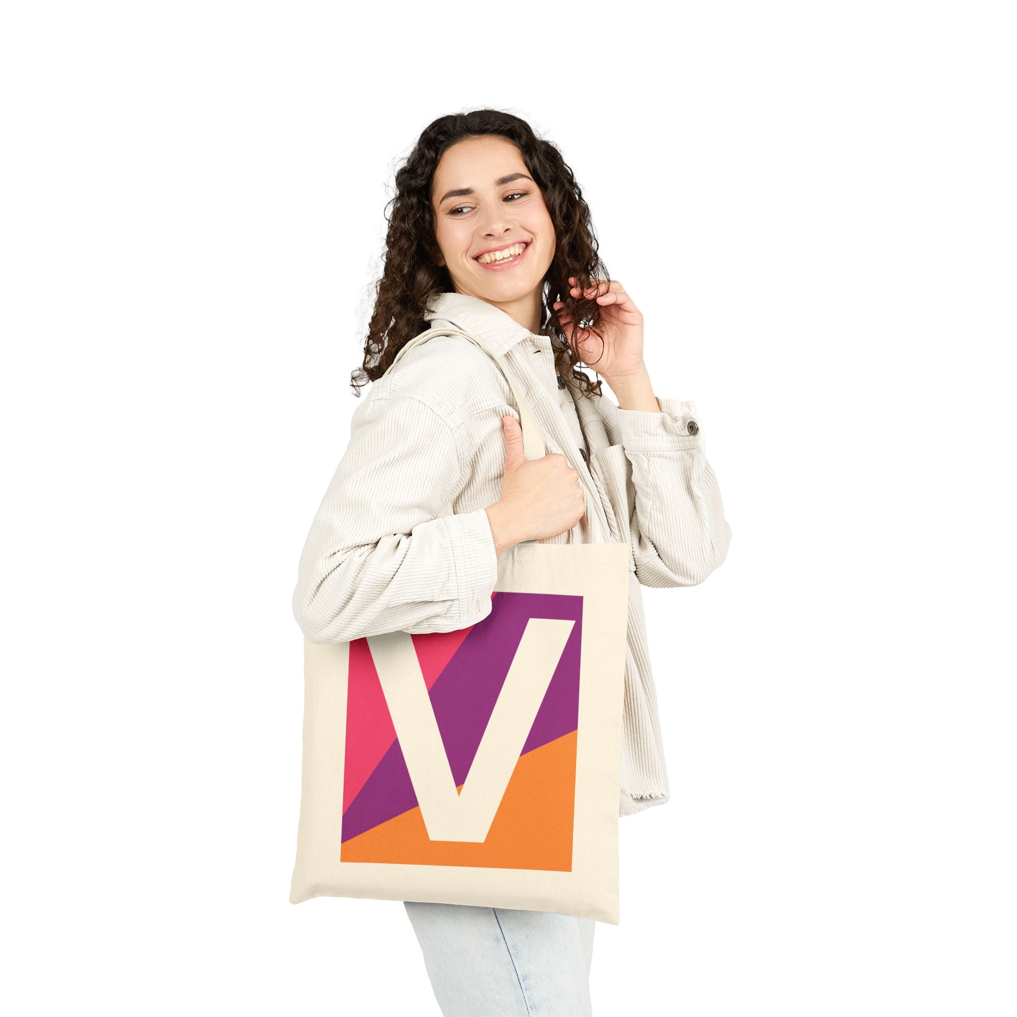 Initial V Colorblock Canvas Tote Bag — Monogram Letter V Reusable Grocery Tote