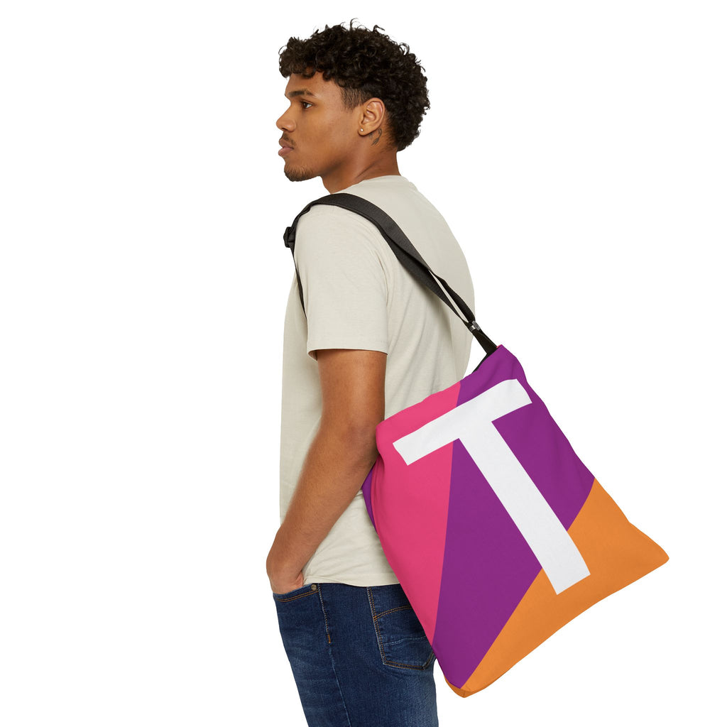 Initial Letter 'T' Colorblock Adjustable Tote Bag — Monogram Alphabet Shoulder Bag